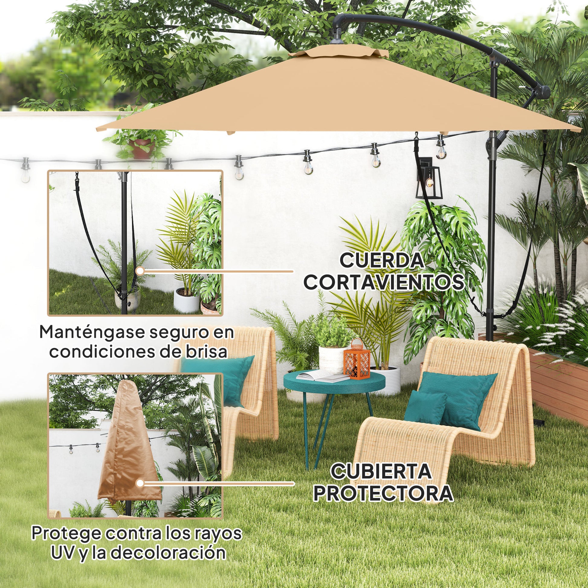Outsunny Parasol Excéntrico Ø 290 cm Sombrilla de Jardín con Base Cruzada Manivela Funda para Sombrilla y Cuerda de Viento Anti-UV 50+ Sombrilla para Terraza Patio Caqui