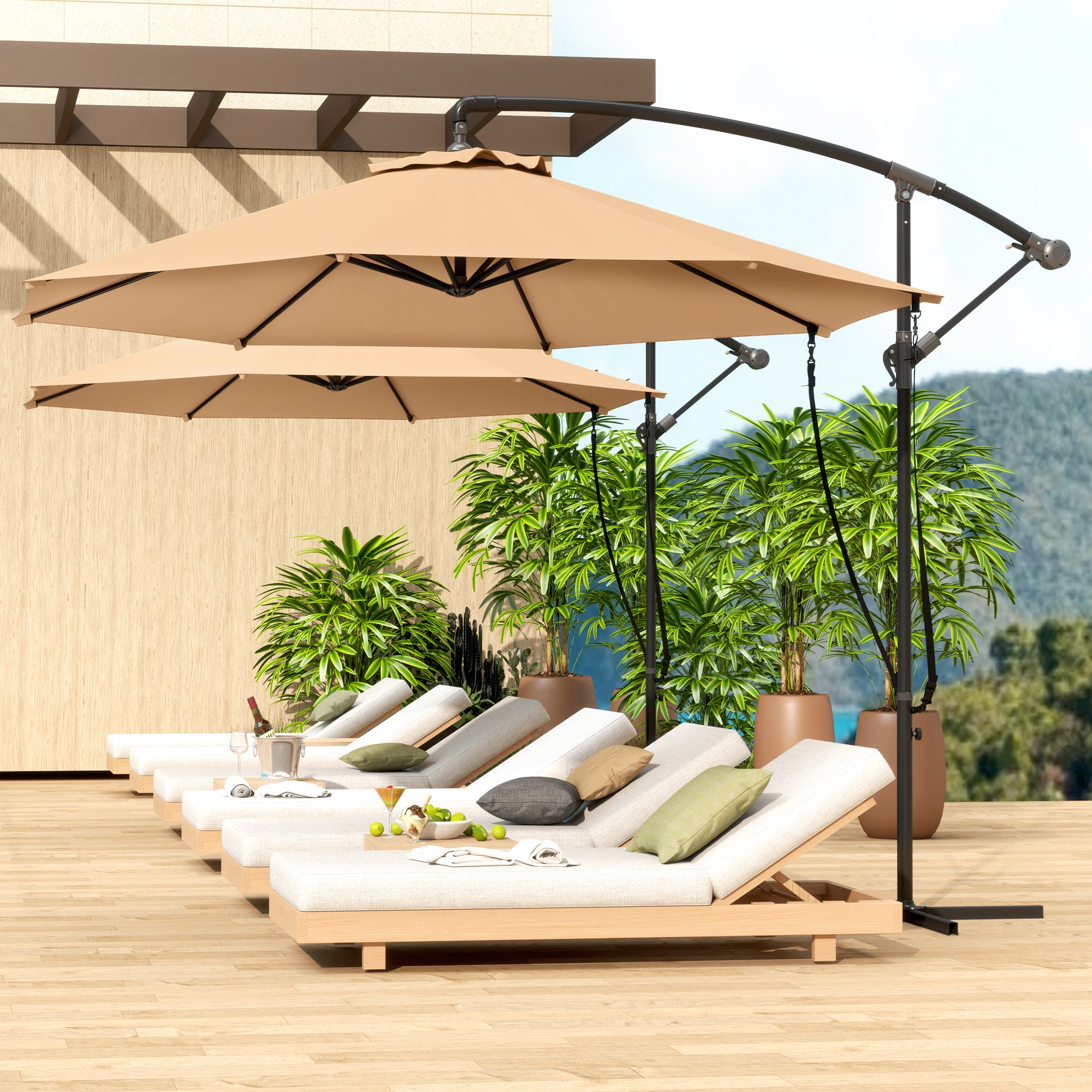 Outsunny Parasol Excéntrico Ø 290 cm Sombrilla de Jardín con Base Cruzada Manivela Funda para Sombrilla y Cuerda de Viento Anti-UV 50+ Sombrilla para Terraza Patio Caqui