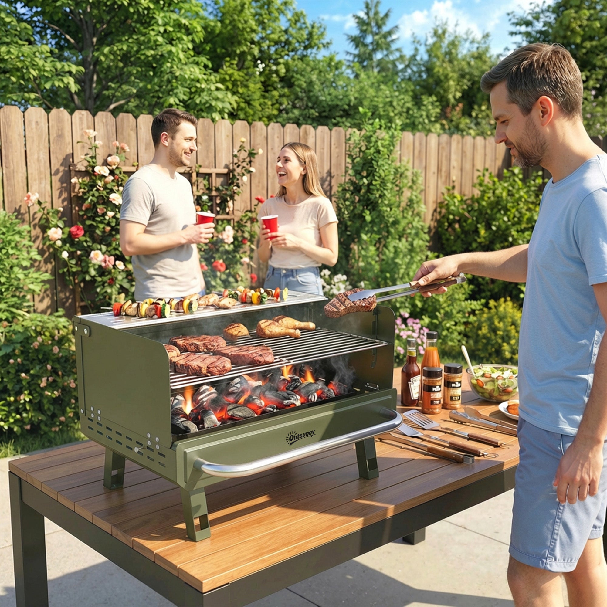 Outsunny Barbacoa de Carbón Plegable, Barbacoa Portátil, 52x37x31,8 cm, con Rejilla Ajustable, Estante Lateral Plegable y Bandeja de Carbón Extraíble, para Camping, Picnic, Fiesta en Jardín, Verde