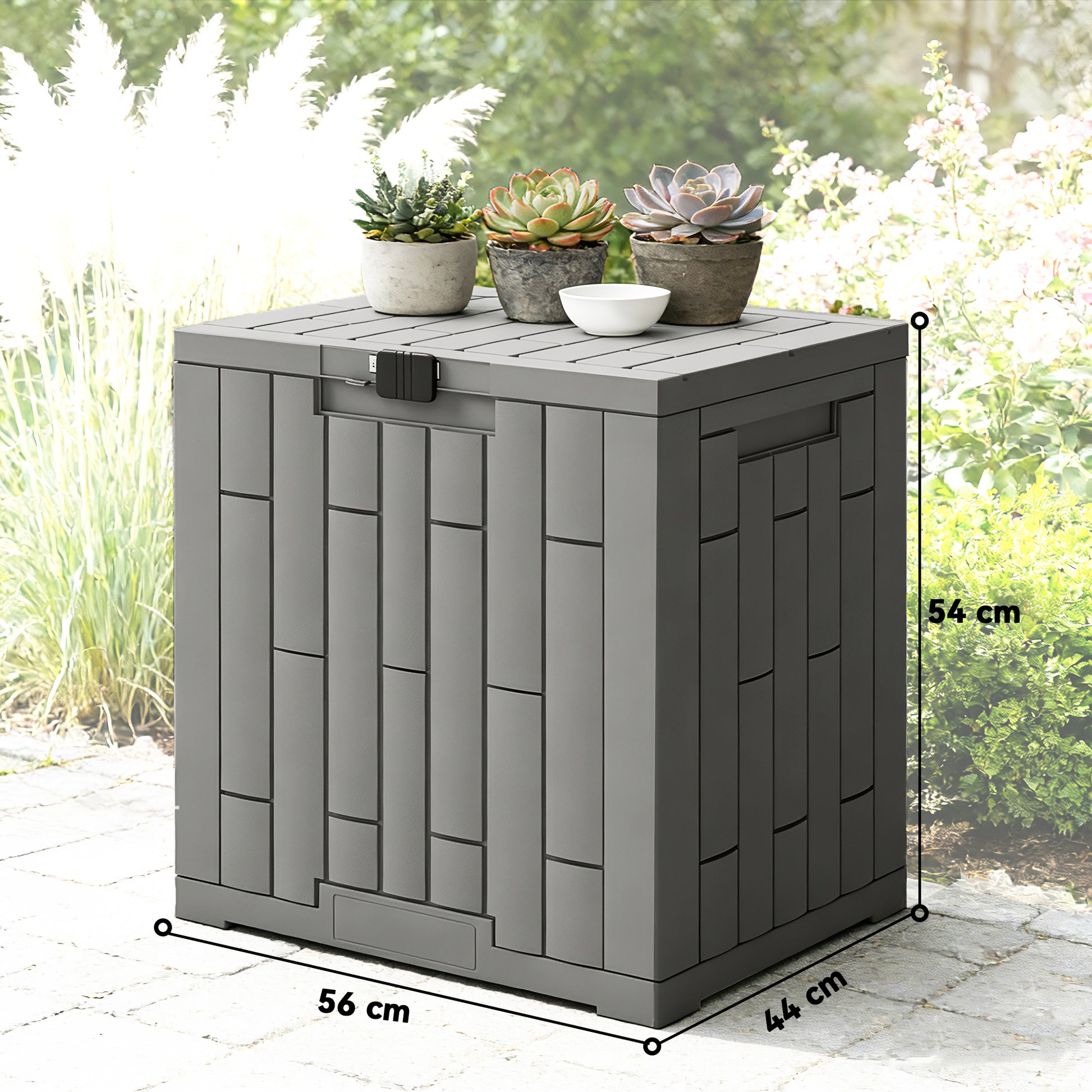 Outsunny Arcón Exterior Capacidad 114L, Baúl de Almacenaje Exterior de Resina Resistente al Agua y a los Rayos UV, con Cerradura para Jardín, Terraza, Patio, 56x44x54 cm, Gris
