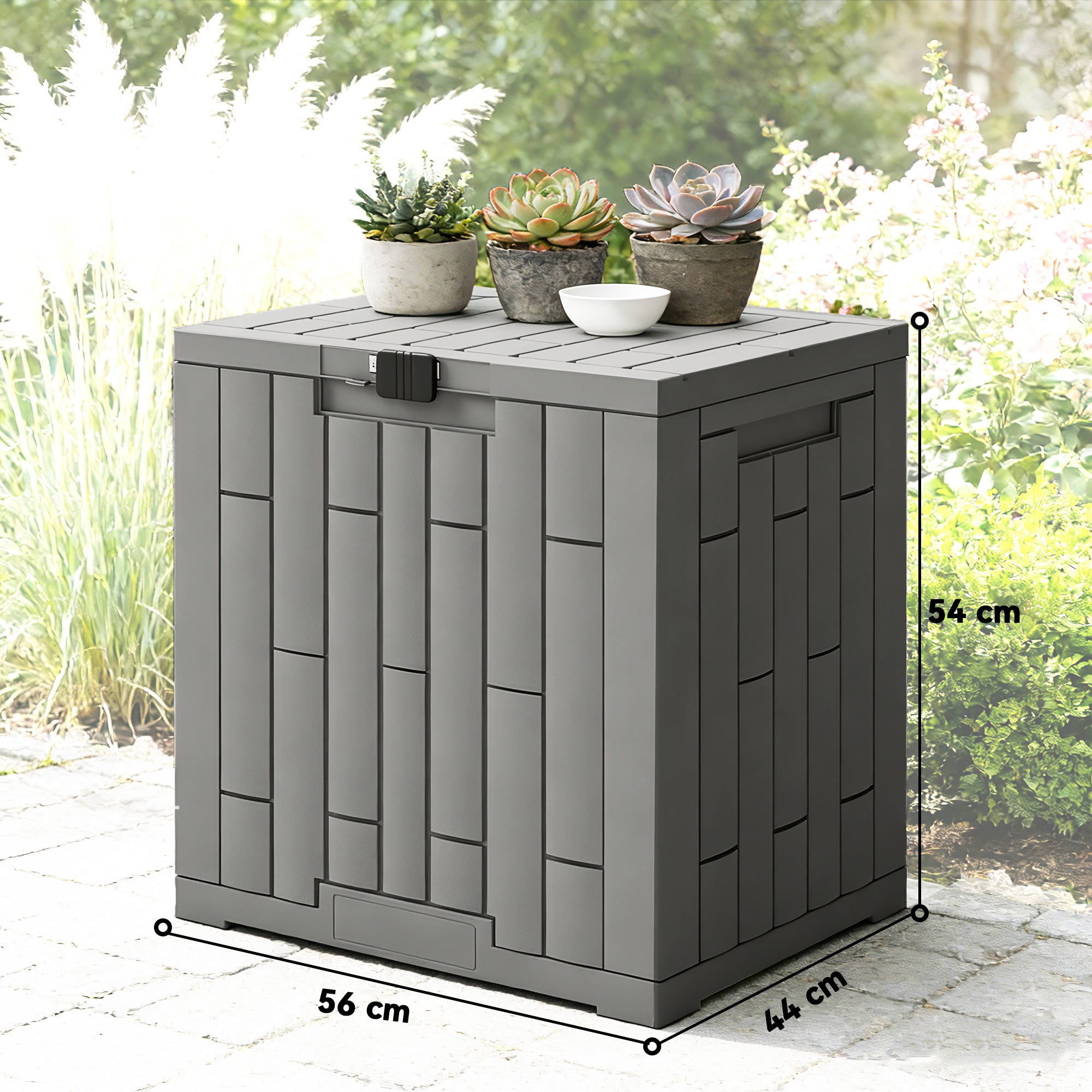 Outsunny Arcón Exterior Capacidad 114L, Baúl de Almacenaje Exterior de Resina Resistente al Agua y a los Rayos UV, con Cerradura para Jardín, Terraza, Patio, 56x44x54 cm, Gris