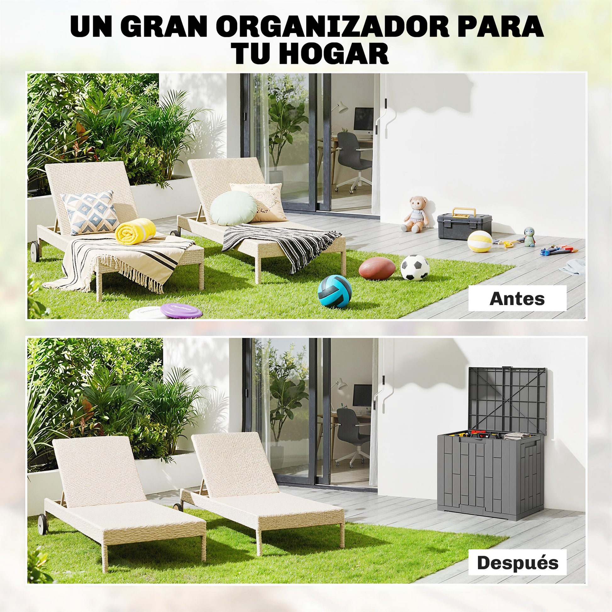Outsunny Arcón Exterior Capacidad 114L, Baúl de Almacenaje Exterior de Resina Resistente al Agua y a los Rayos UV, con Cerradura para Jardín, Terraza, Patio, 56x44x54 cm, Gris