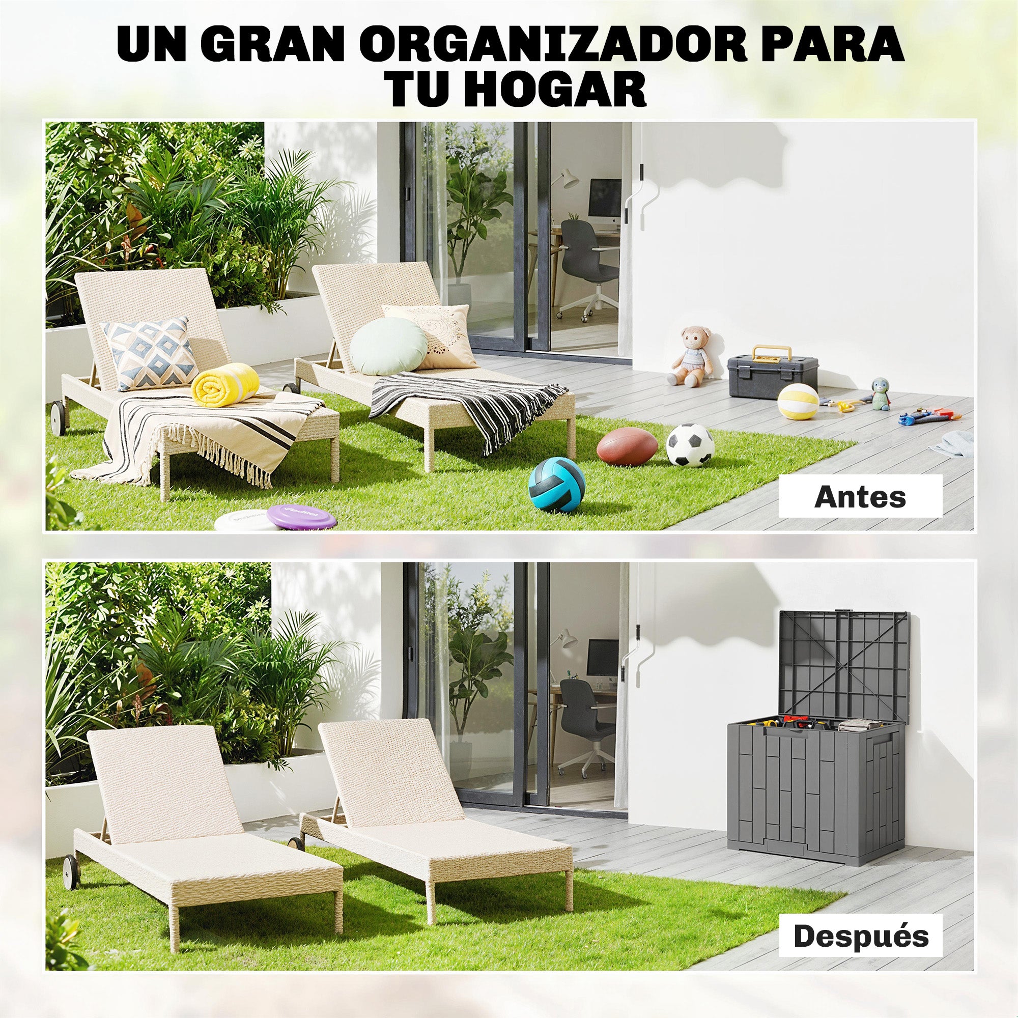 Outsunny Arcón Exterior Capacidad 114L, Baúl de Almacenaje Exterior de Resina Resistente al Agua y a los Rayos UV, con Cerradura para Jardín, Terraza, Patio, 56x44x54 cm, Gris