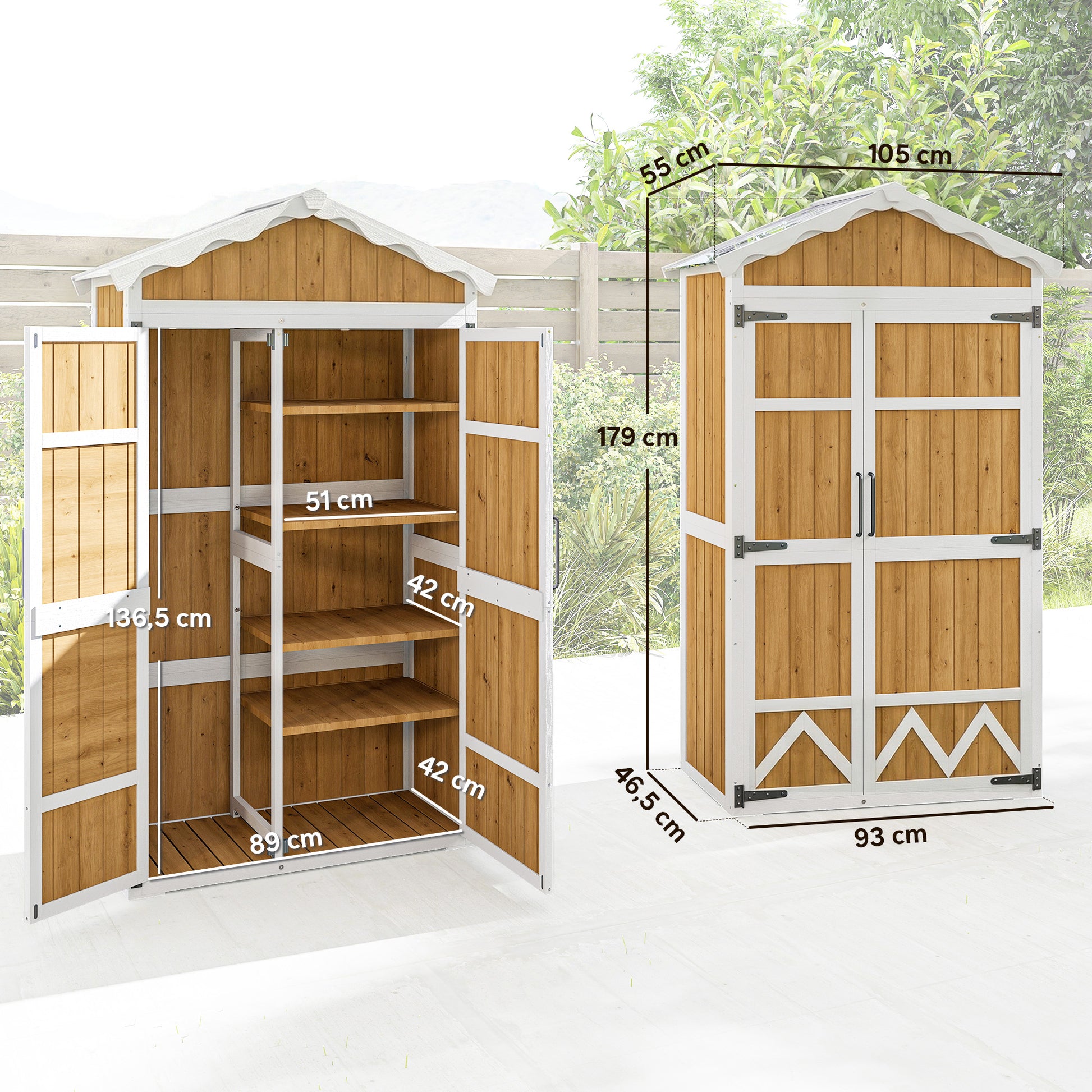 Outsunny Caseta de Jardín de Madera 105x55x179 cm Cobertizo Jardín Exterior Impermeable Armario Exterior Herramientas con Puertas 4 Estantes Extraíbles Techo Metal Galvanizado Pies Ajustables Natural