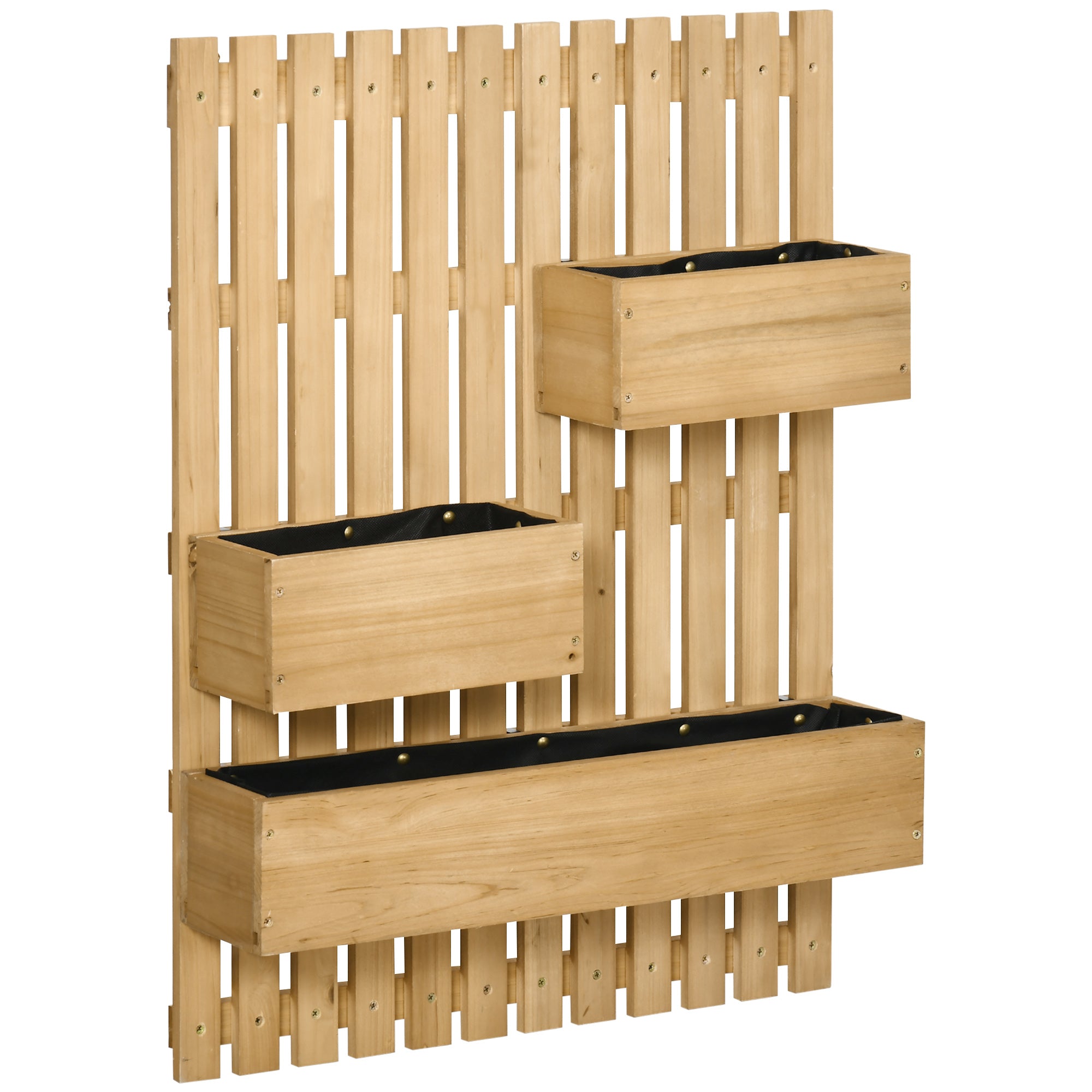 Outsunny Jardinera de Pared con Enrejado Jardinera Vertical de Madera con 3 Macetas Móviles y Orificio de Drenaje para Exterior Jardín Terraza Patio 60x16x80 cm Natural