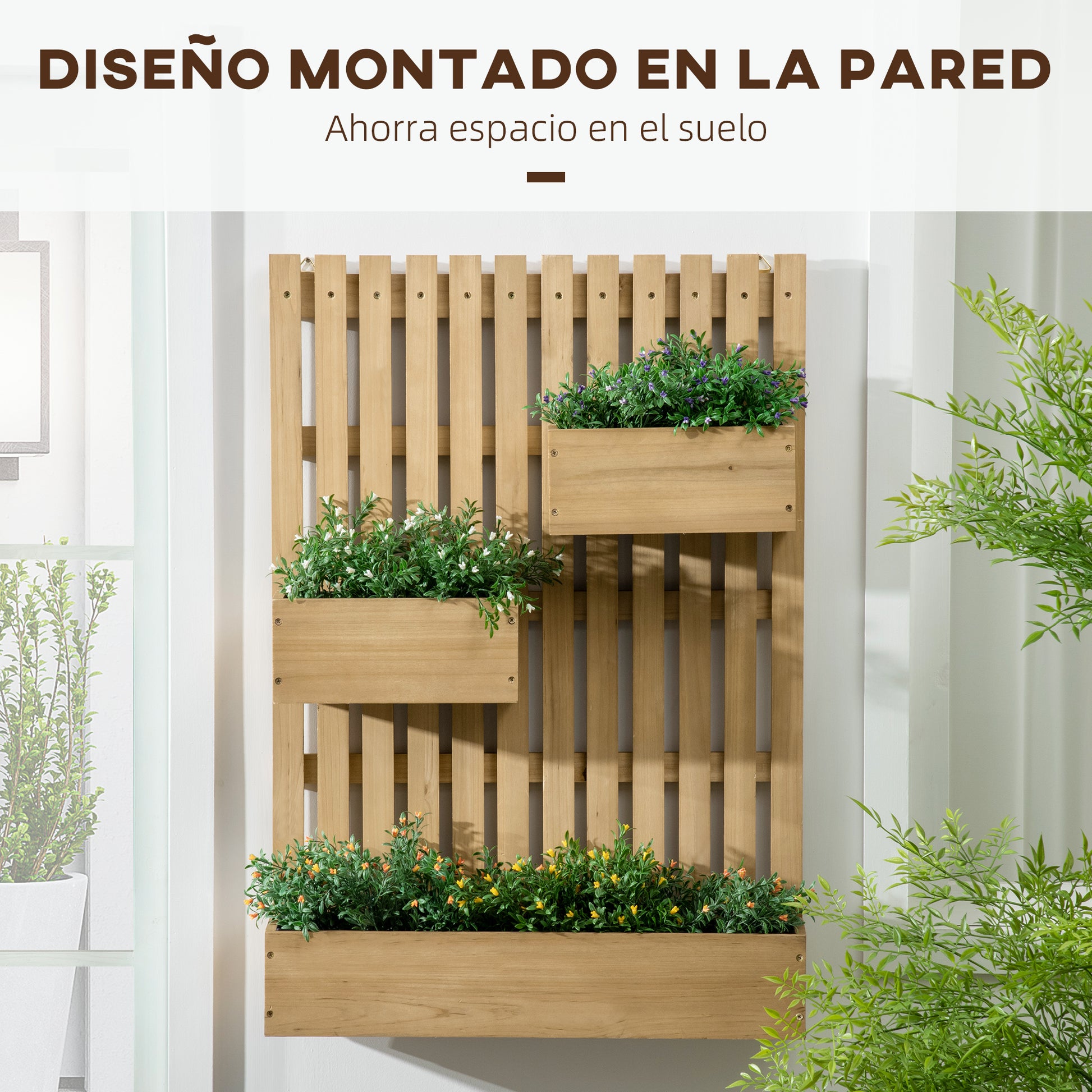 Outsunny Jardinera de Pared con Enrejado Jardinera Vertical de Madera con 3 Macetas Móviles y Orificio de Drenaje para Exterior Jardín Terraza Patio 60x16x80 cm Natural