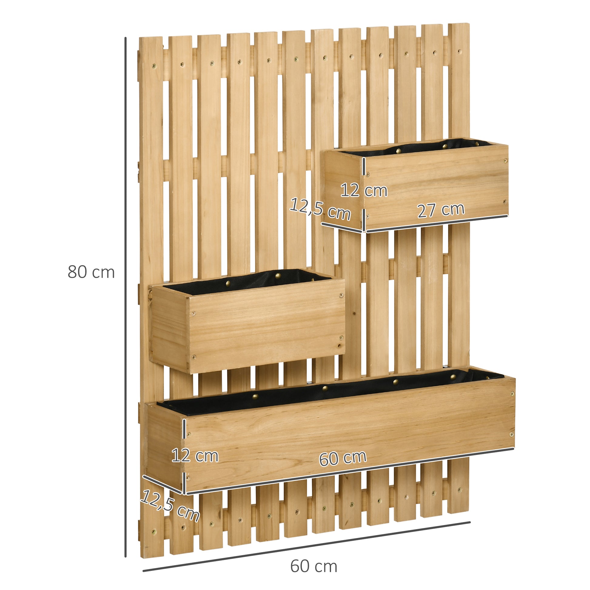 Outsunny Jardinera de Pared con Enrejado Jardinera Vertical de Madera con 3 Macetas Móviles y Orificio de Drenaje para Exterior Jardín Terraza Patio 60x16x80 cm Natural