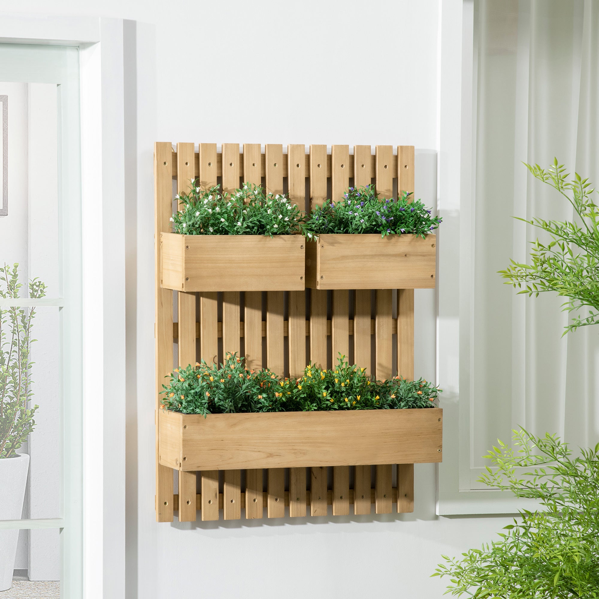 Outsunny Jardinera de Pared con Enrejado Jardinera Vertical de Madera con 3 Macetas Móviles y Orificio de Drenaje para Exterior Jardín Terraza Patio 60x16x80 cm Natural