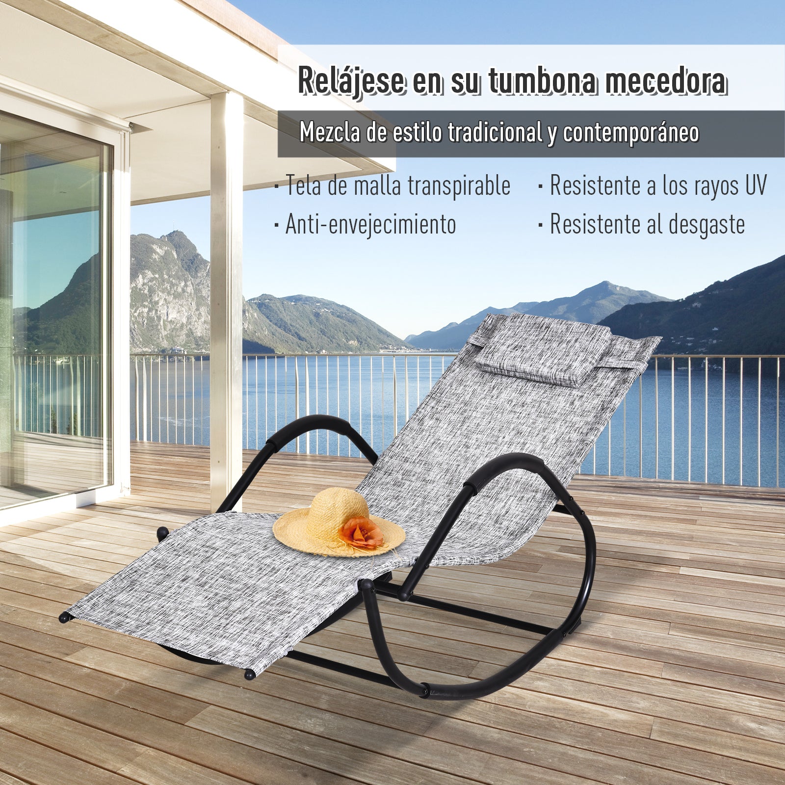 Outsunny Mecedora para Exterior Tumbona con Reposabrazos y Función Balancín para Terraza 160x61x79 cm Gris