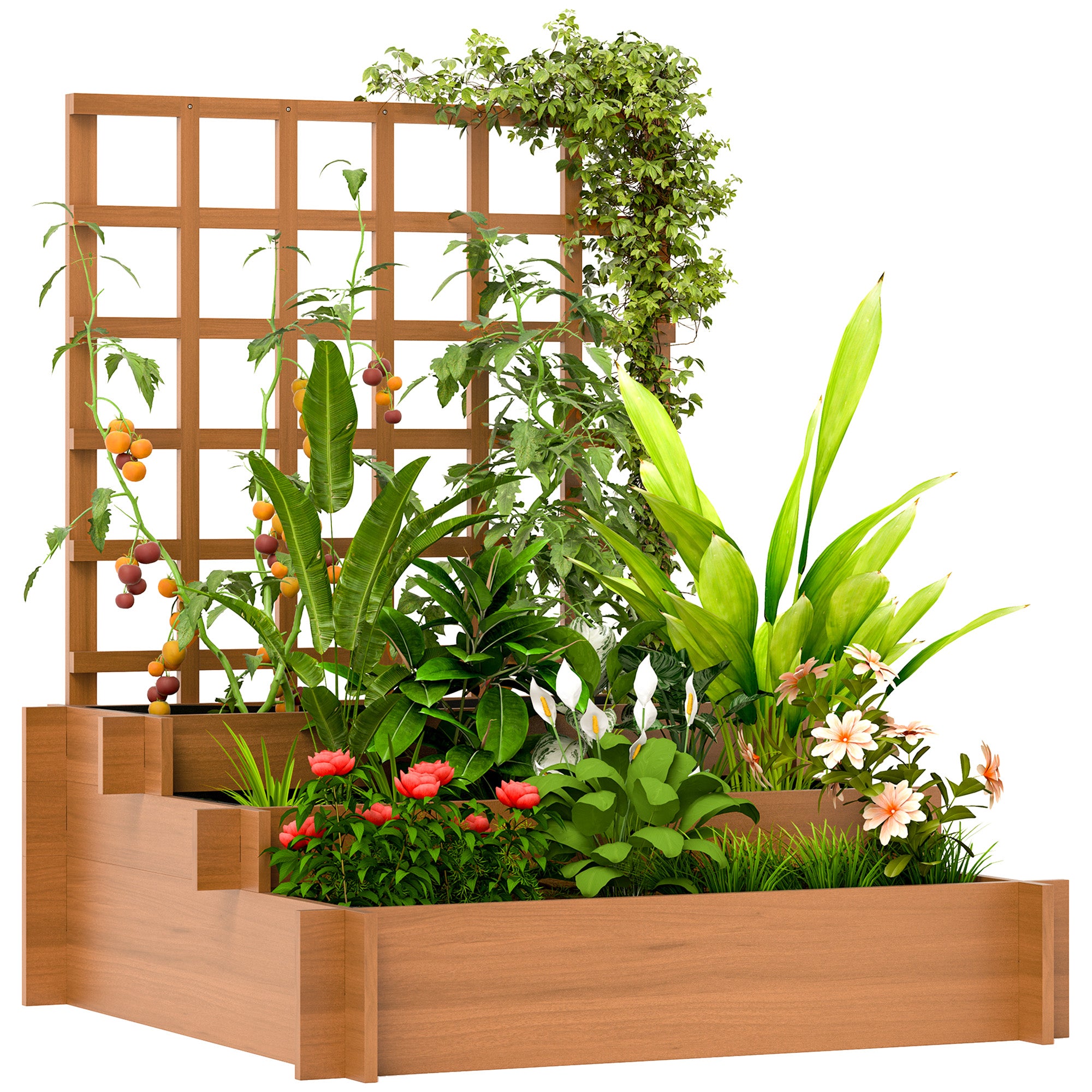 Outsunny Jardinera con Enrejado de 3 Niveles, Jardinera Exterior Grande de Madera para Plantas Trepadoras, con Tela no Tejida, Macetero Elevado para Jardín, Patio, Terraza, 95x95x110 cm, Marrón