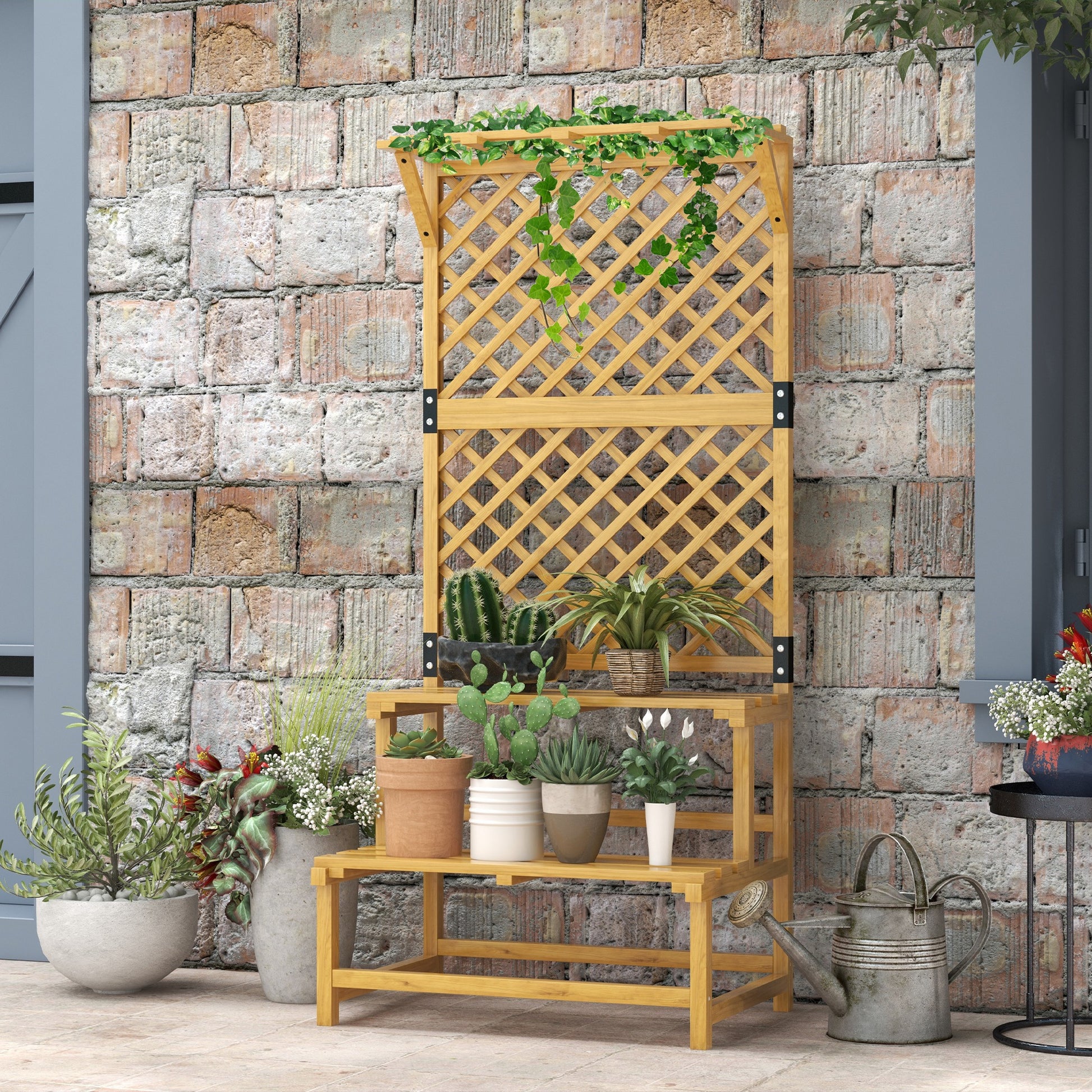 Outsunny Soporte para Plantas de Madera Estantería para Plantas de 2 Niveles Soporte para Macetas Exterior con Enrejado para Jardín Patio Terraza 75x50x166 cm Natural