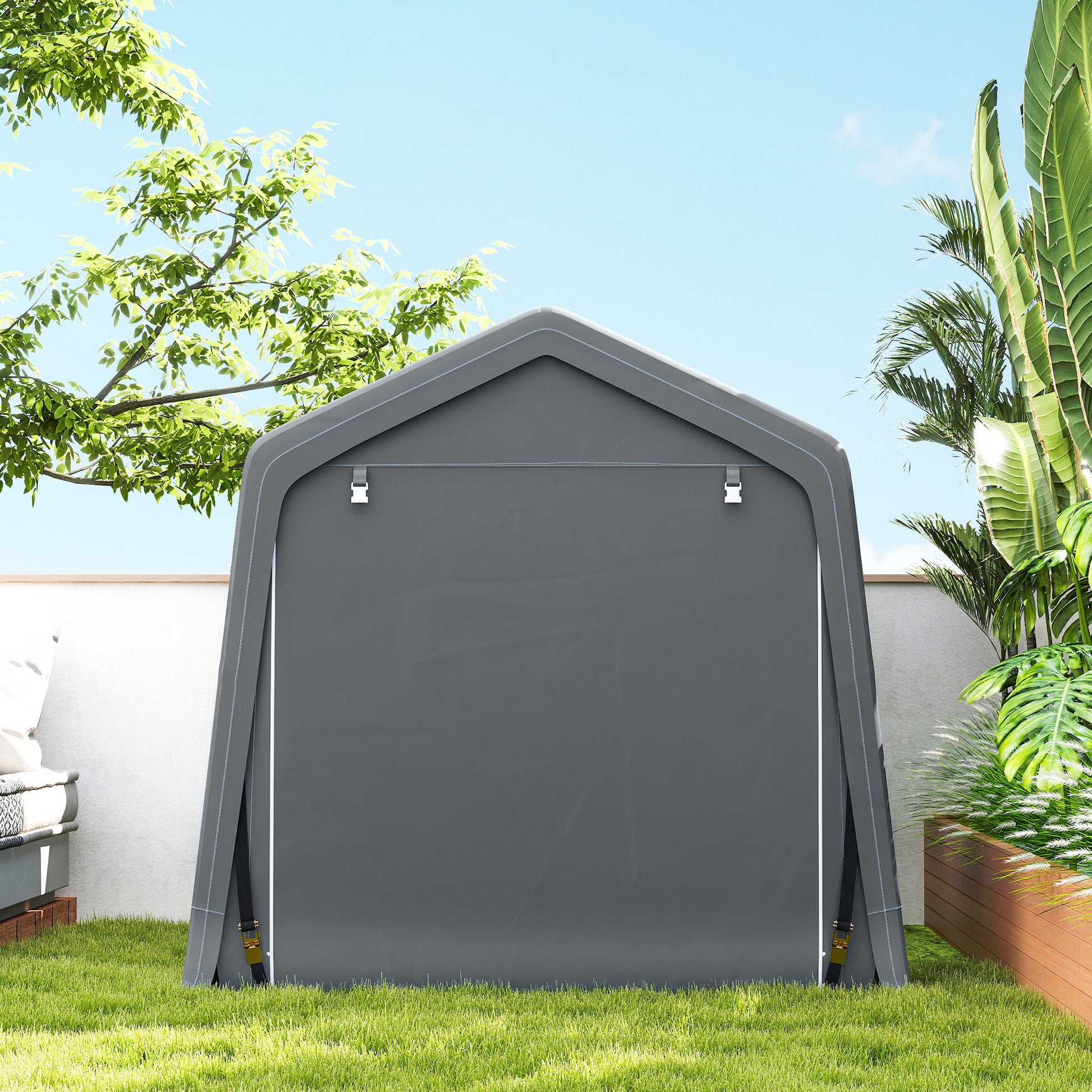 Outsunny Carpa de Jardín Exterior para Herramientas, Bicicletas, 2,4x2x2 m, Cobertizo Exterior con Marco de Metal, 2 Puertas Enrollables con Cremallera, Impermeable, Anti-UV, Garaje Portátil, Gris