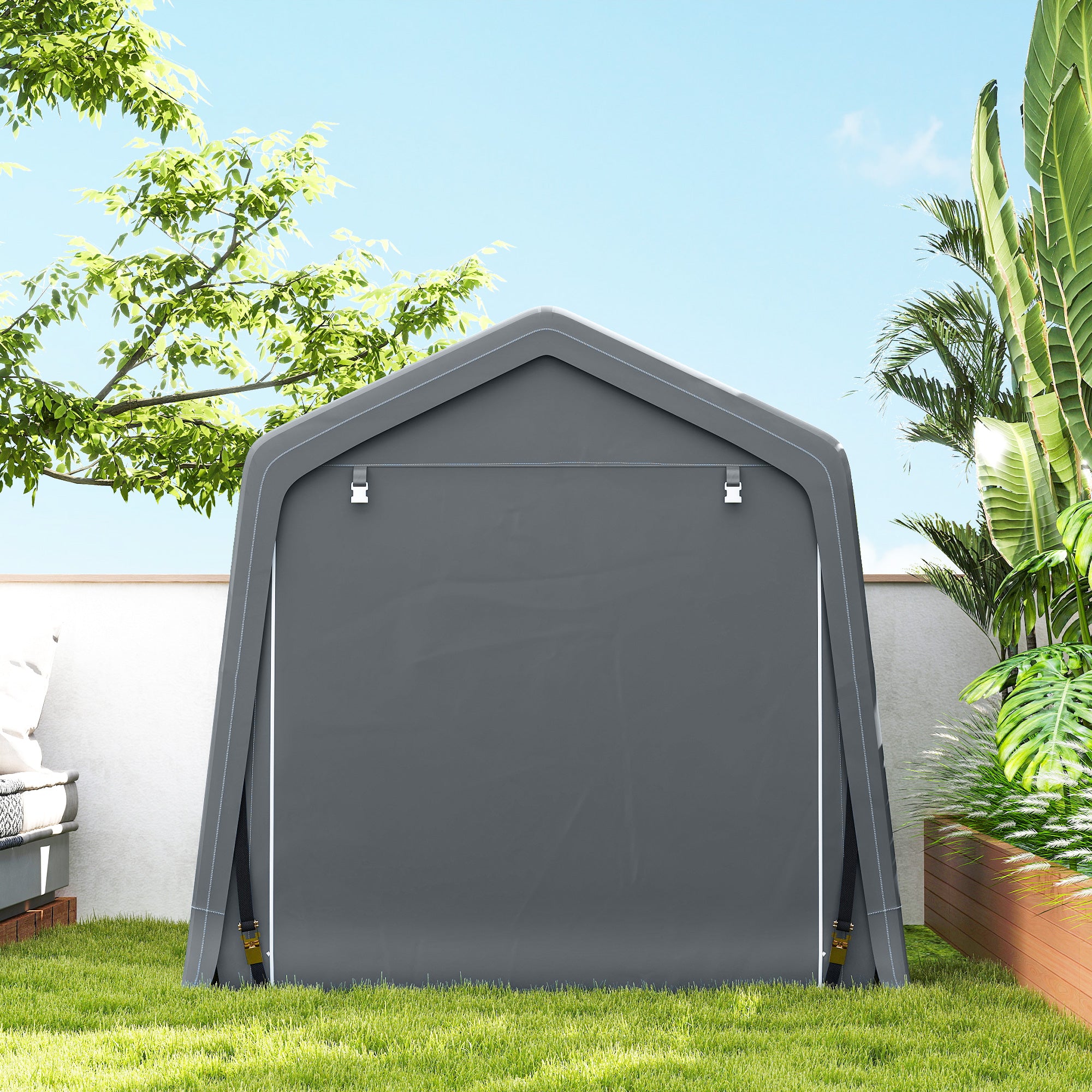 Outsunny Carpa de Jardín Exterior para Herramientas, Bicicletas, 2,4x2x2 m, Cobertizo Exterior con Marco de Metal, 2 Puertas Enrollables con Cremallera, Impermeable, Anti-UV, Garaje Portátil, Gris