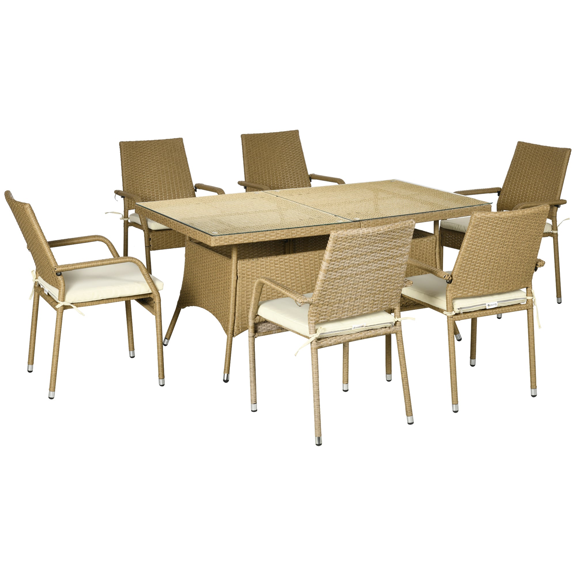 Outsunny Conjunto de Muebles de Ratán PE Juego de Comedor de Jardín 7 Piezas Mesa de Centro con Tablero de Vidrio y 6 Sillas Apilables con Cojines para Terraza Patio Arena