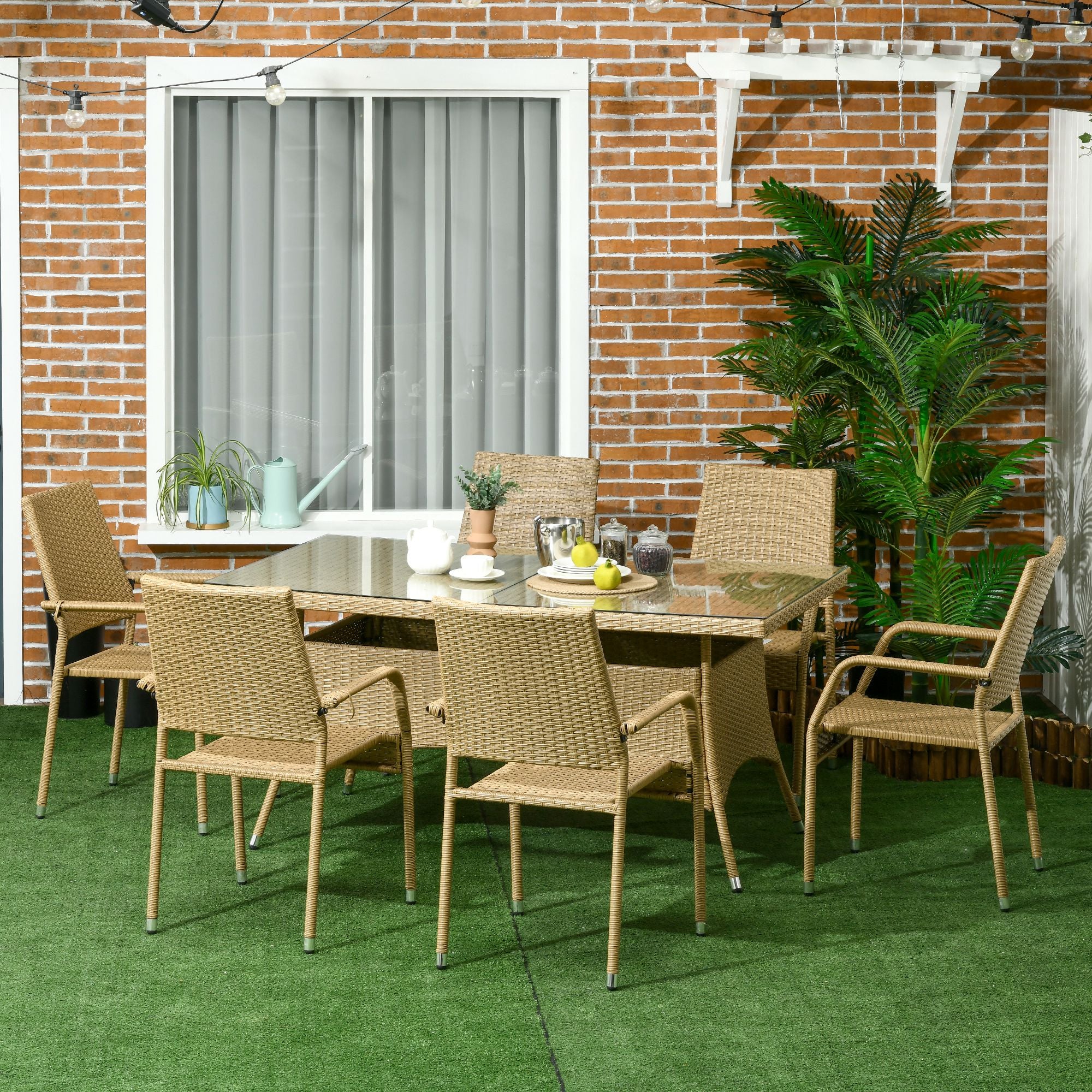 Outsunny Conjunto de Muebles de Ratán PE Juego de Comedor de Jardín 7 Piezas Mesa de Centro con Tablero de Vidrio y 6 Sillas Apilables con Cojines para Terraza Patio Arena