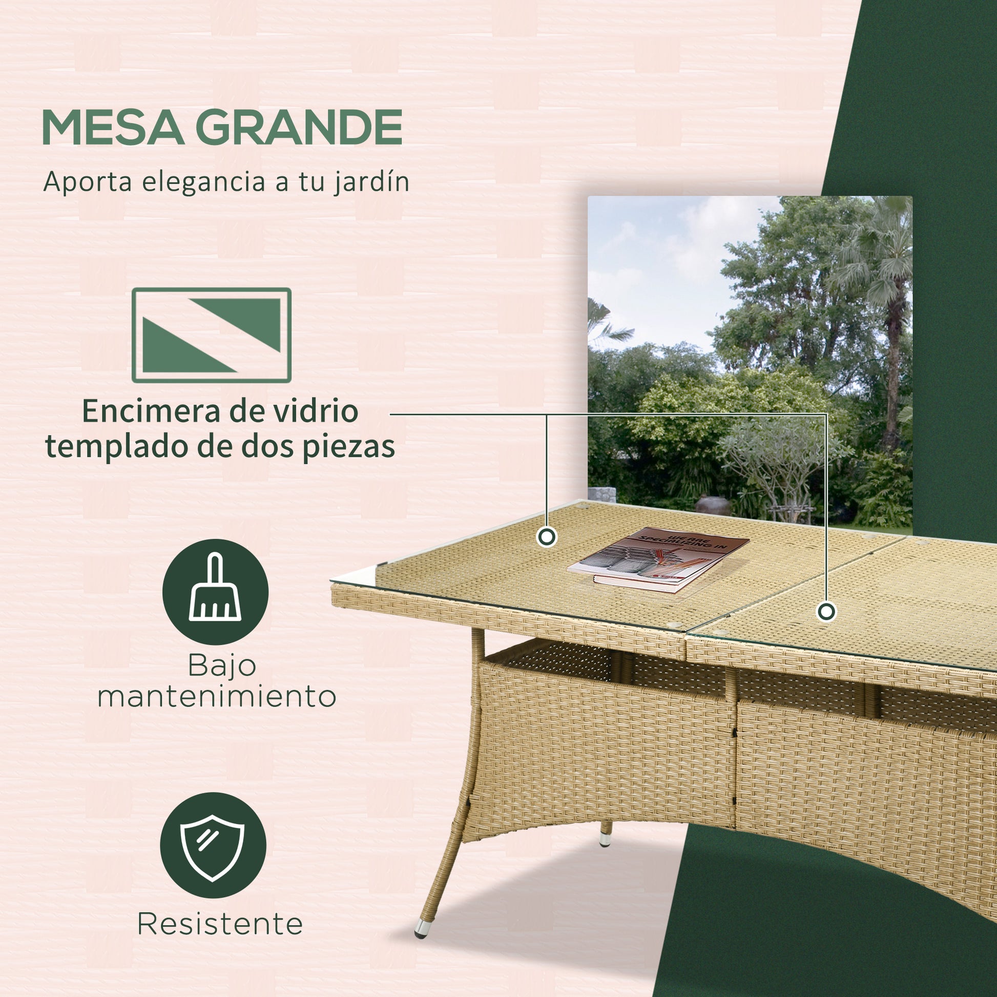 Outsunny Conjunto de Muebles de Ratán PE Juego de Comedor de Jardín 7 Piezas Mesa de Centro con Tablero de Vidrio y 6 Sillas Apilables con Cojines para Terraza Patio Arena