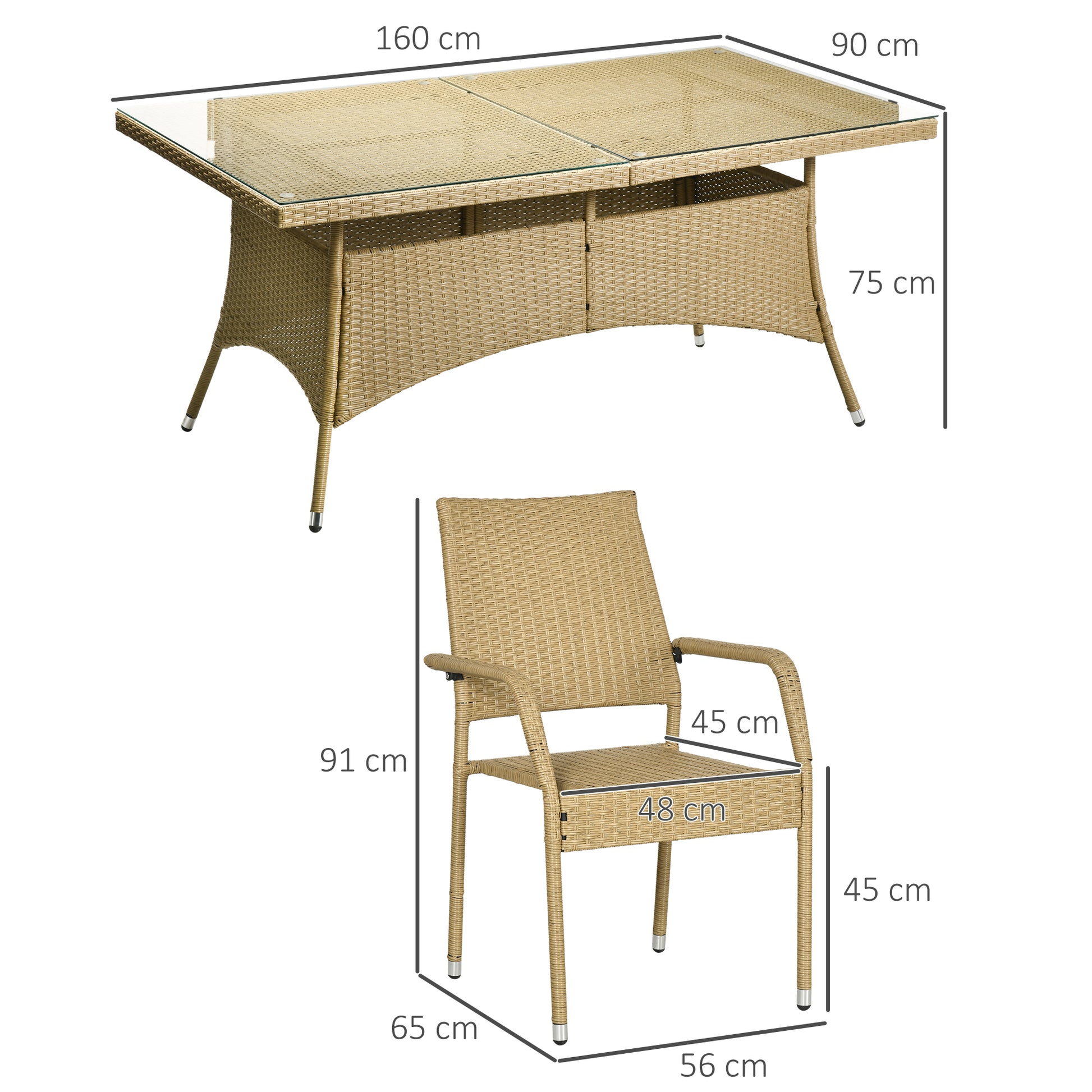 Outsunny Conjunto de Muebles de Ratán PE Juego de Comedor de Jardín 7 Piezas Mesa de Centro con Tablero de Vidrio y 6 Sillas Apilables con Cojines para Terraza Patio Arena