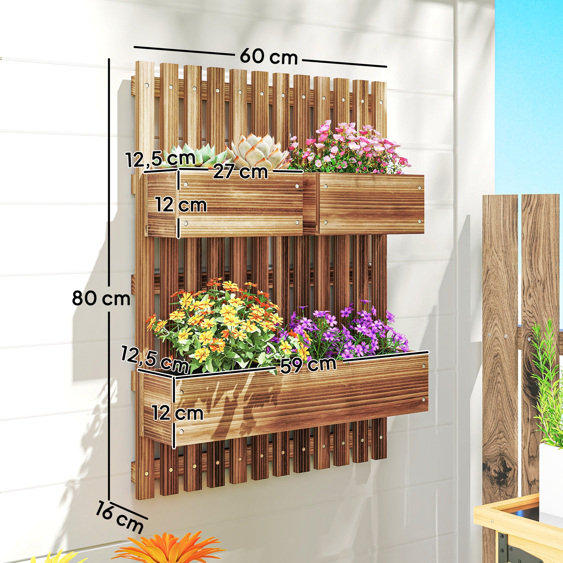 Outsunny Jardinera de Pared con Enrejado, Jardinera Exterior Grande de Madera con 3 Macetas Móviles y Orificio de Drenaje, para Exterior, Jardín, Terraza, Patio, 60x16x80 cm, Carbonizado