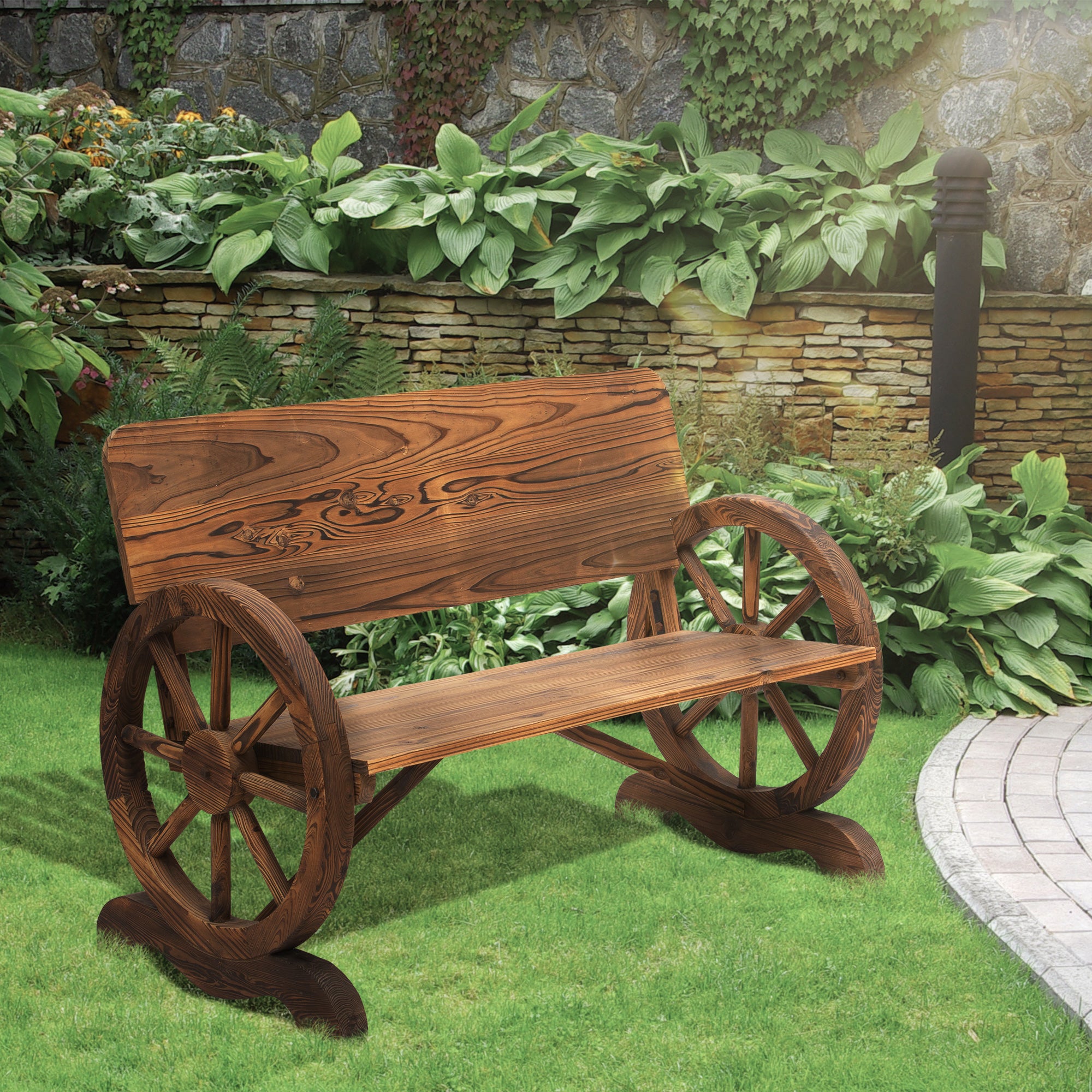 Outsunny Banco de Jardín de Madera Banco de Exterior con Reposabrazos y 2 Ruedas Decorativas Estilo Rústico Carga 250 kg para Patio Terraza 114x58x80 cm Carbonizado