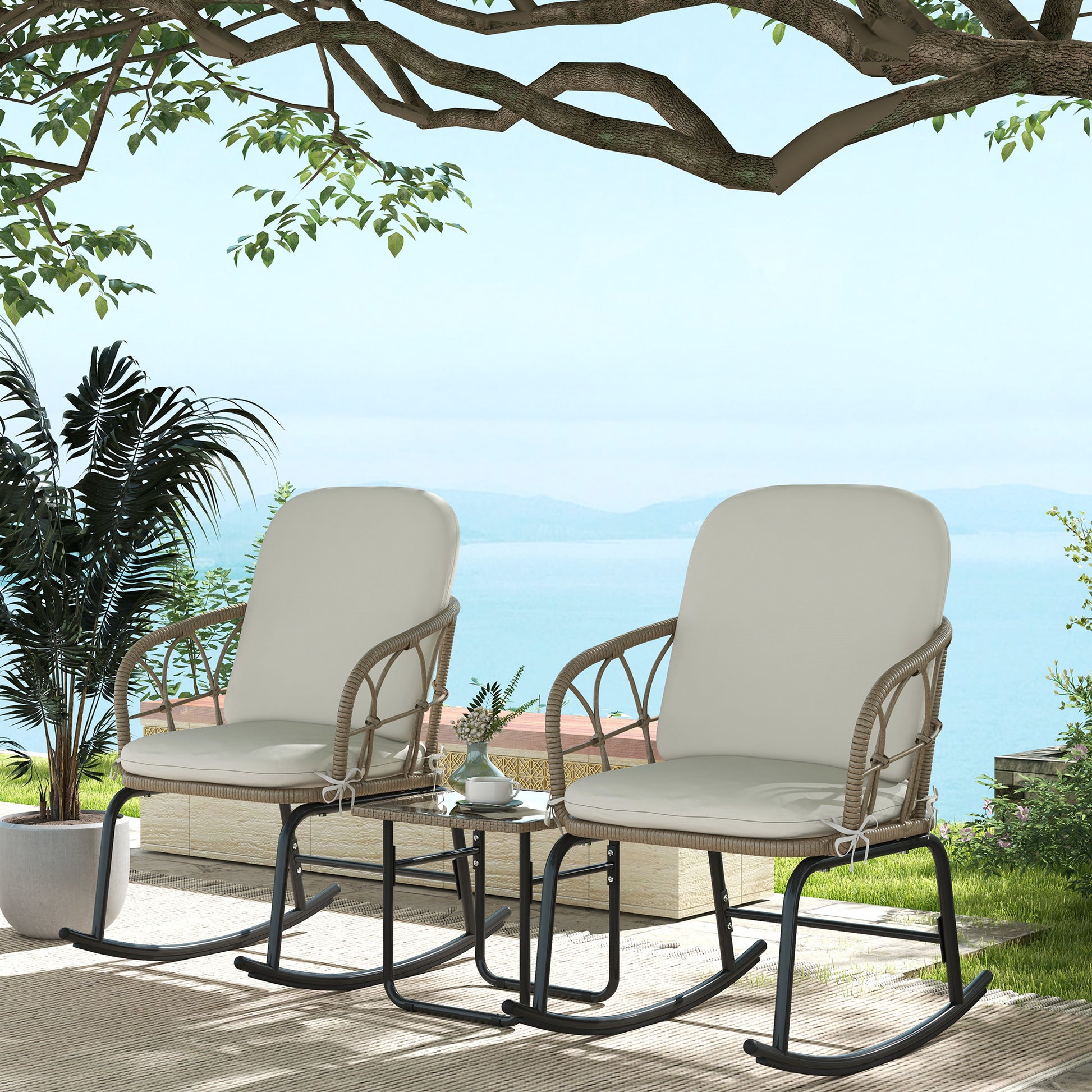 Outsunny Conjunto de Muebles de Ratán de 3 Piezas Conjunto de Mecedoras de Jardín con 1 Mesa de Centro 2 Mecedoras y Cojines para Jardín Terraza Patio Crema y Beige