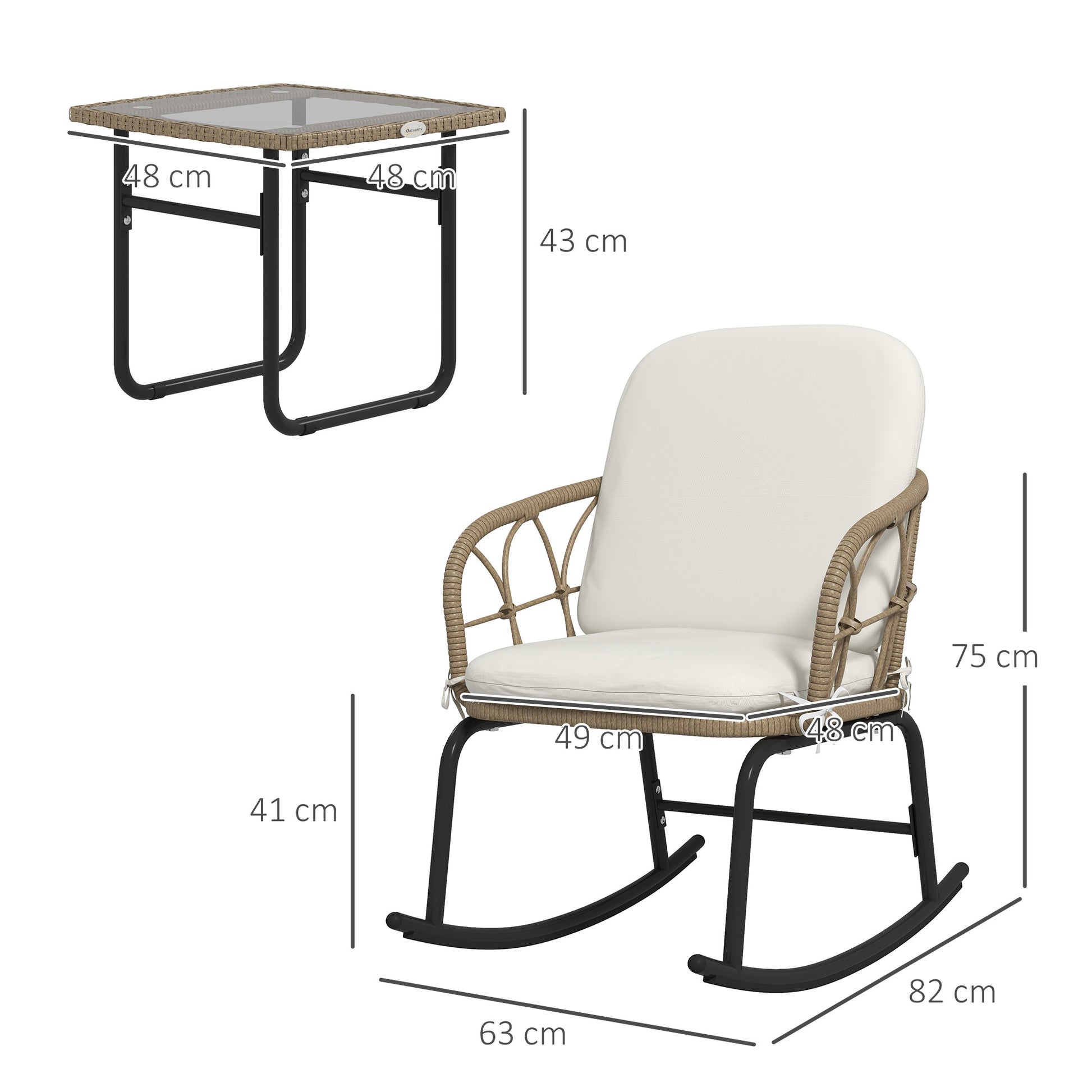 Outsunny Conjunto de Muebles de Ratán de 3 Piezas Conjunto de Mecedoras de Jardín con 1 Mesa de Centro 2 Mecedoras y Cojines para Jardín Terraza Patio Crema y Beige