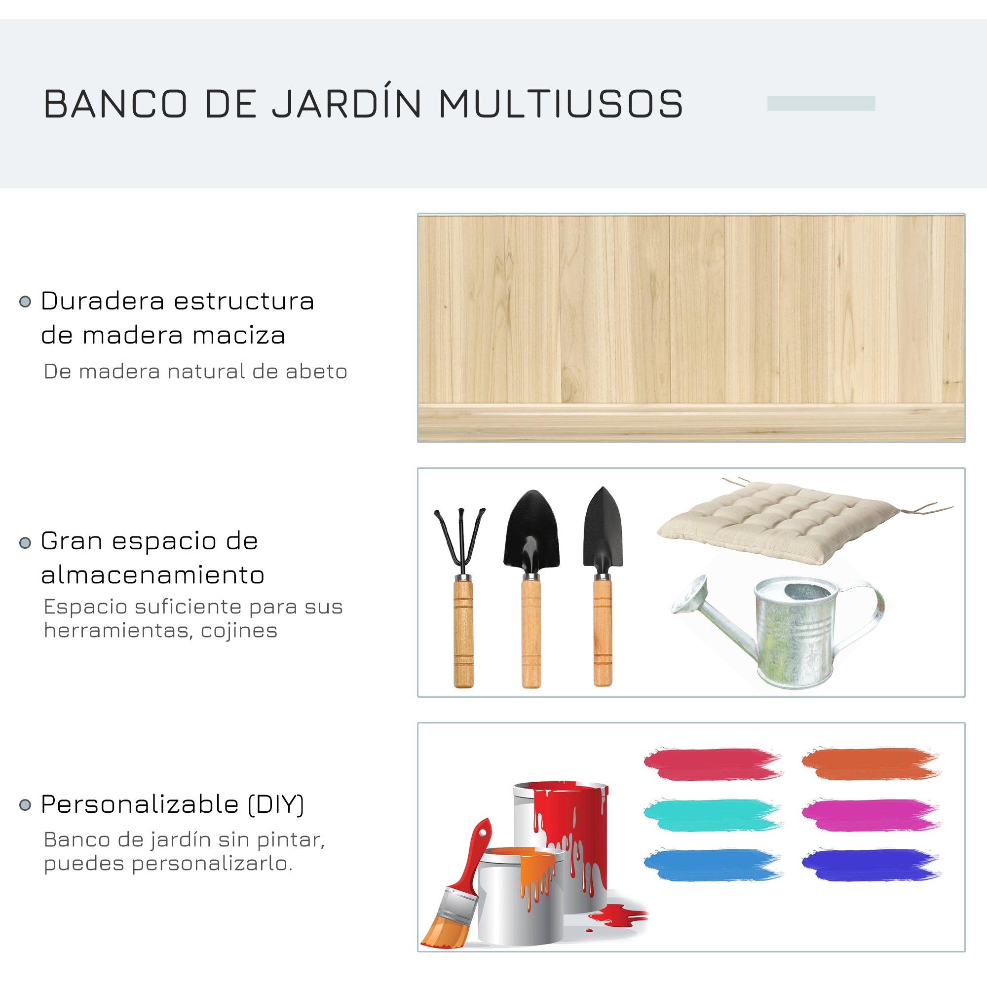 Outsunny Banco de Jardín de Madera Banco de Exterior con Caja de Almacenaje y Respaldo Carga 250 kg para Patio Terraza Balcón 115x45x75 cm Natural