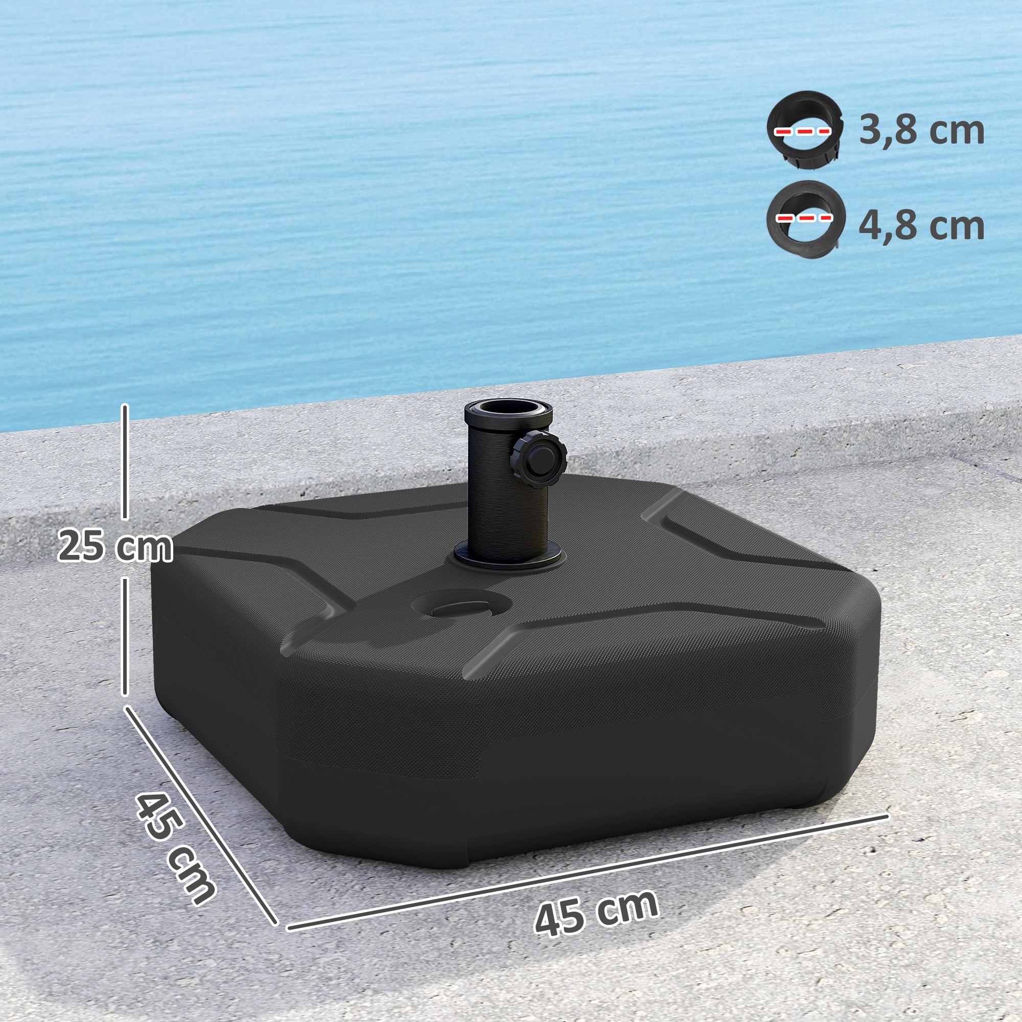 Outsunny Base para Sombrilla Cuadrada, Soporte de Parasol de HDPE, Pie para Sombrilla con Postes Ø38 mm, Ø48 mm, Rellenable de Arena 25 kg o Agua 20 kg, para Jardín, Patio, Terraza, Negro