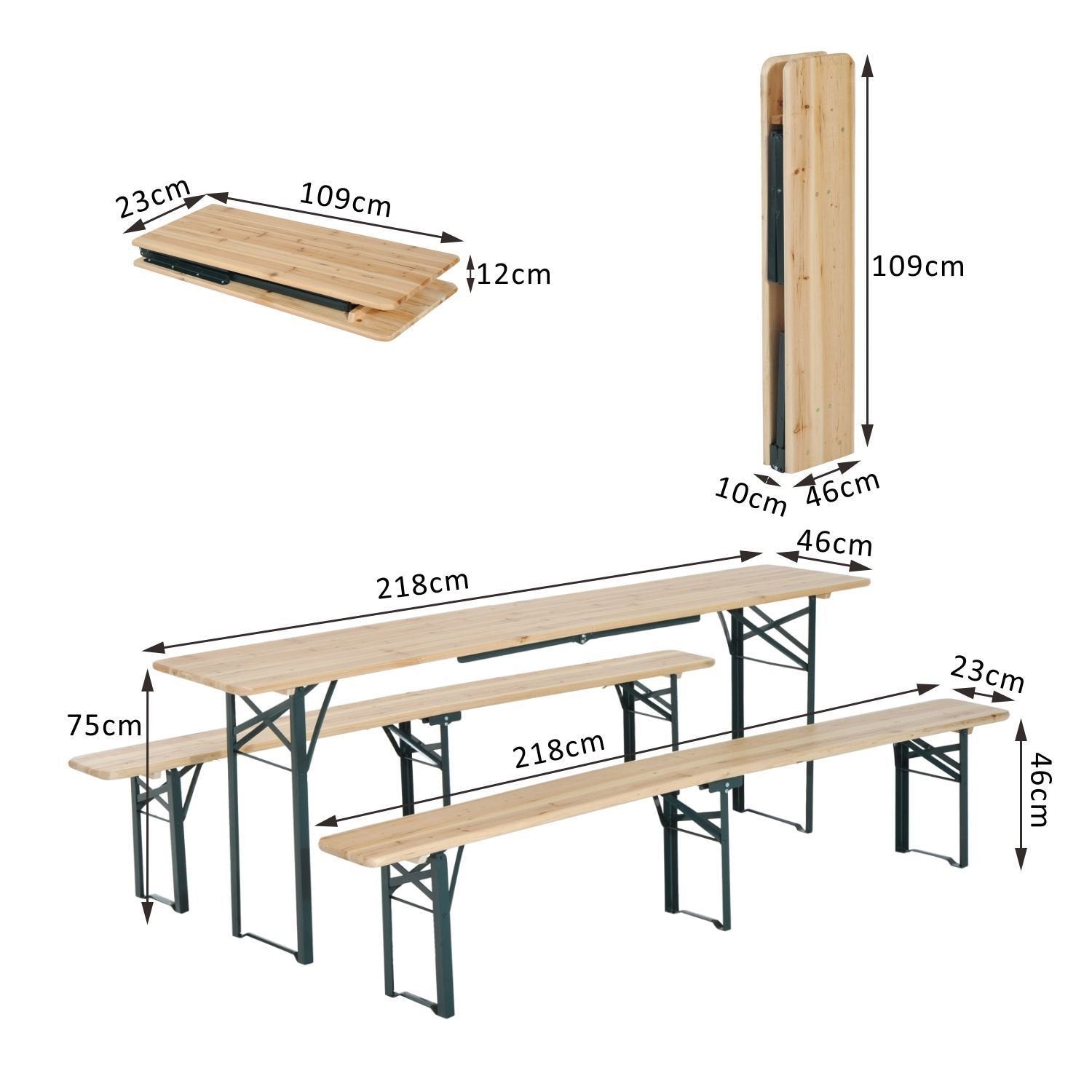 Outsunny Conjunto de muebles de jardín para 4-6 personas Juego de Mesa 218x46x75 cm y 2 Bancos Plegables 218x24,5x43 cm para Exterior Camping Acampada al aire Madera y Verde