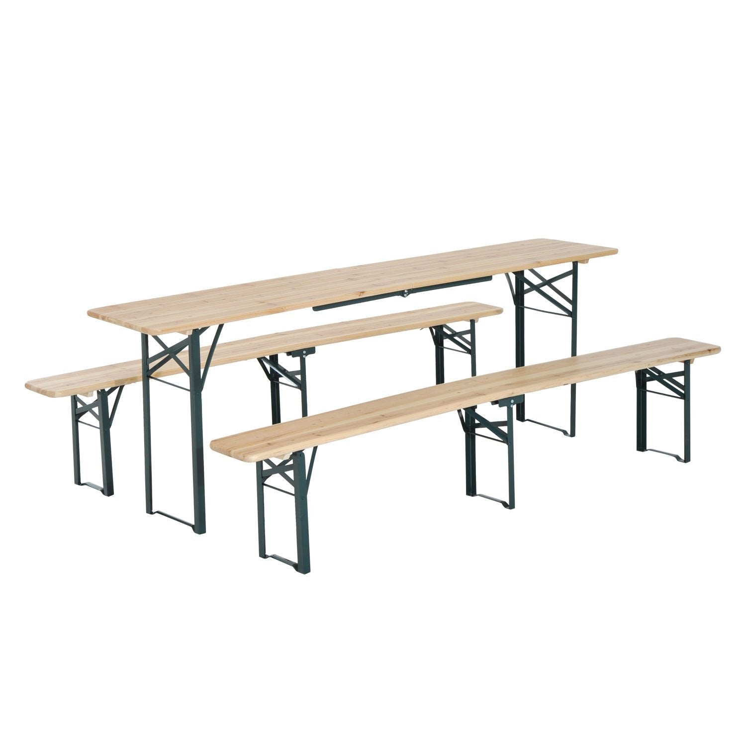 Outsunny Conjunto de muebles de jardín para 4-6 personas Juego de Mesa 218x46x75 cm y 2 Bancos Plegables 218x24,5x43 cm para Exterior Camping Acampada al aire Madera y Verde