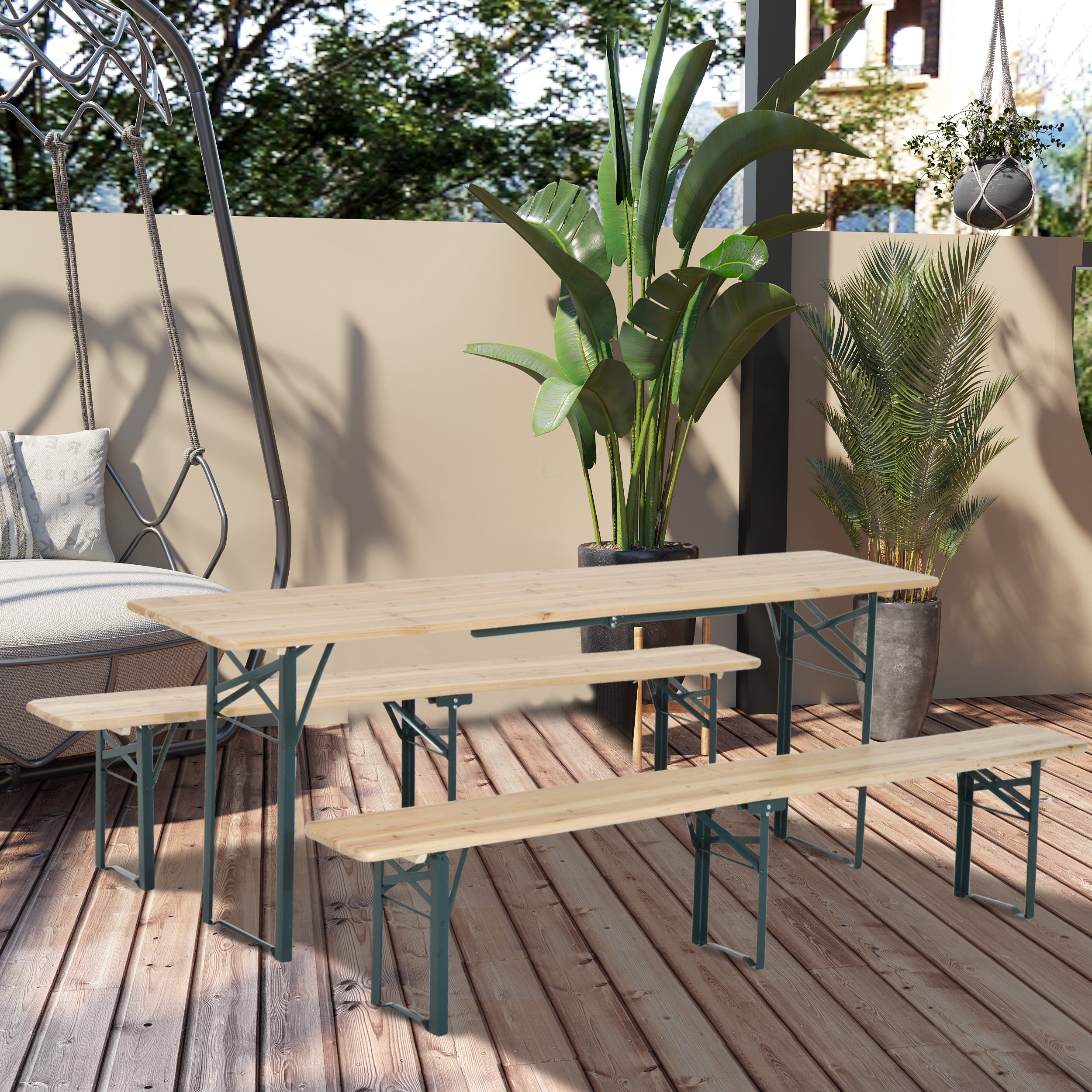 Outsunny Conjunto de muebles de jardín para 4-6 personas Juego de Mesa 218x46x75 cm y 2 Bancos Plegables 218x24,5x43 cm para Exterior Camping Acampada al aire Madera y Verde