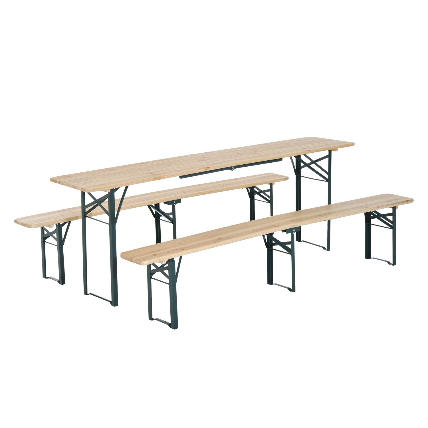 Outsunny Conjunto de muebles de jardín para 4-6 personas Juego de Mesa 218x46x75 cm y 2 Bancos Plegables 218x24,5x43 cm para Exterior Camping Acampada al aire Madera y Verde