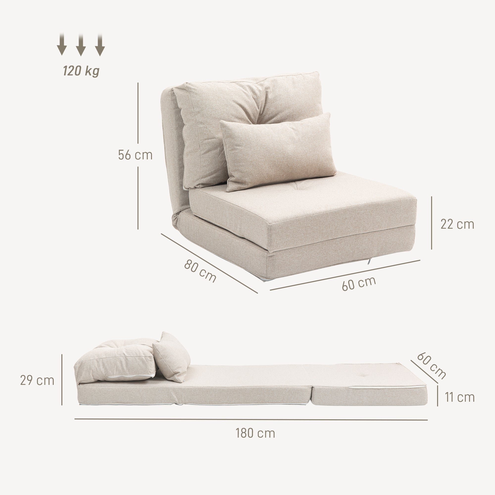 HOMCOM Sofá Cama Individual Plegable 3 en 1, Sofá Cama, Tapizado en Lino, con Respaldo Ajustable 5 Posiciones, Almohadas, Marco Metálico, para Dormitorio, Salón, Beige