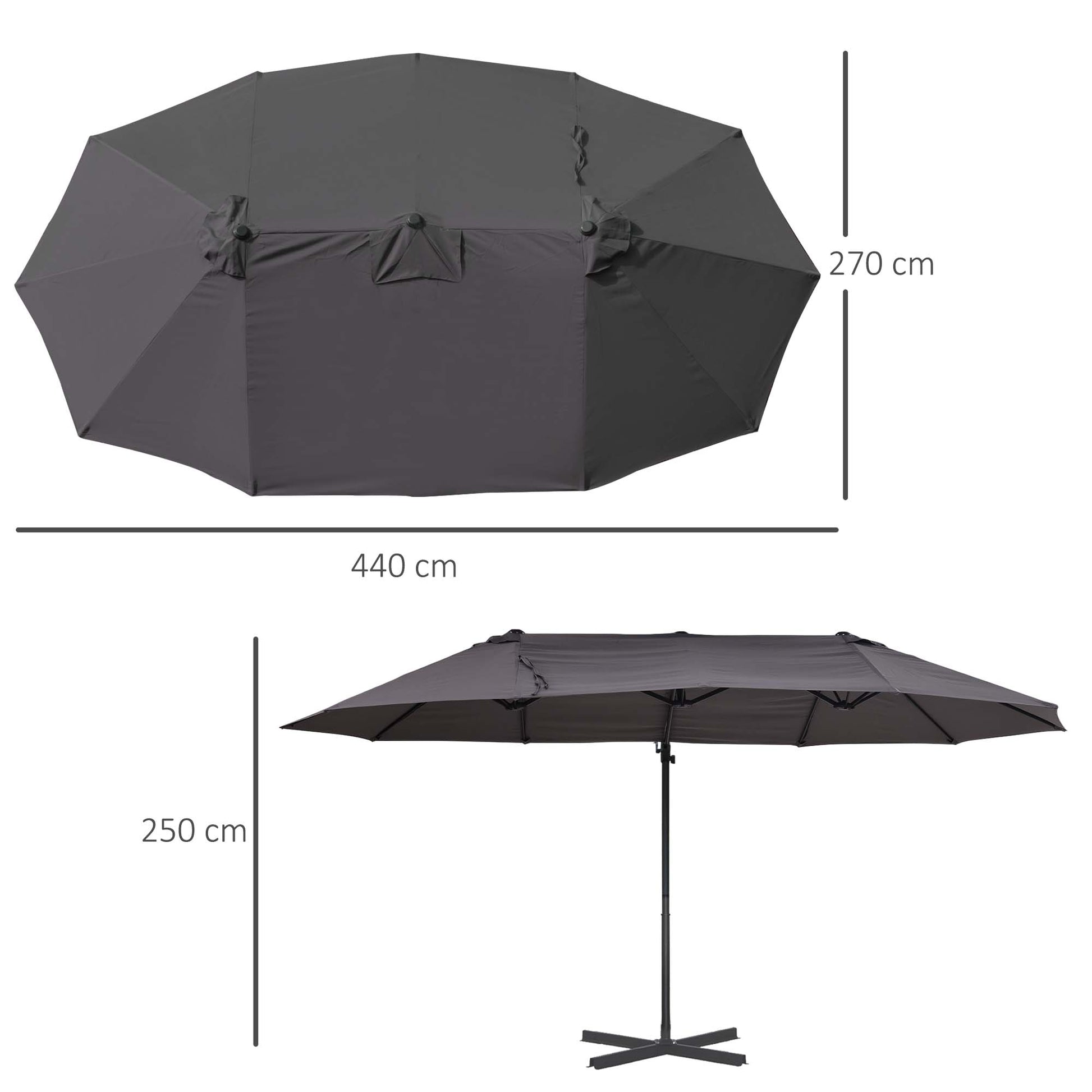Outsunny Sombrilla Doble Parasol Grande Inclinable para Jardín con Manivela Abrir y Cerrar Fácilmente 12 Varillas de Acero Ofrece Una Alta Estabilidad Gris y Negro 270x440x250 cm