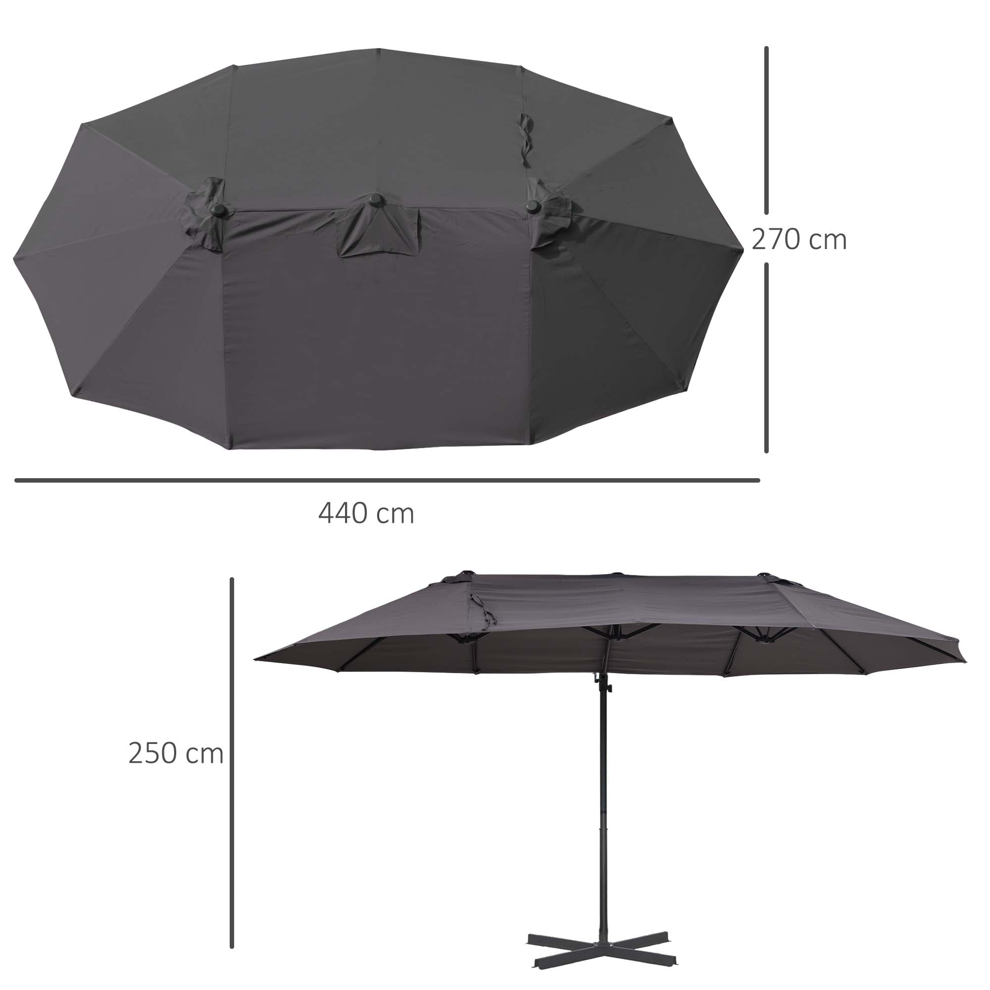 Outsunny Sombrilla Doble Parasol Grande Inclinable para Jardín con Manivela Abrir y Cerrar Fácilmente 12 Varillas de Acero Ofrece Una Alta Estabilidad Gris y Negro 270x440x250 cm