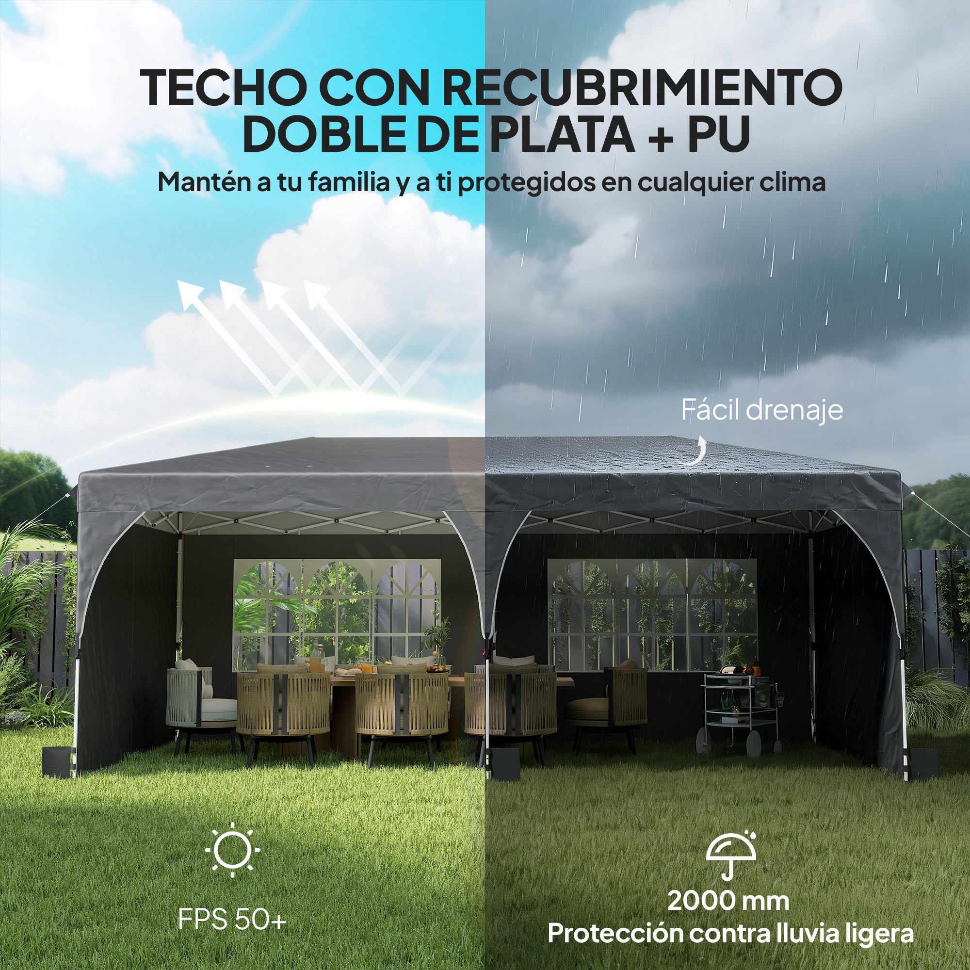 Outsunny Carpa Plegable 6x3 m, Pop-up, con 4 Laterales Extraíbles, Cenador de Jardín con Tiras Reflectantes, Altura Ajustable, Sistema Central de Bloqueo, UPF50+, Impermeable, Bolsa Transporte, Gris