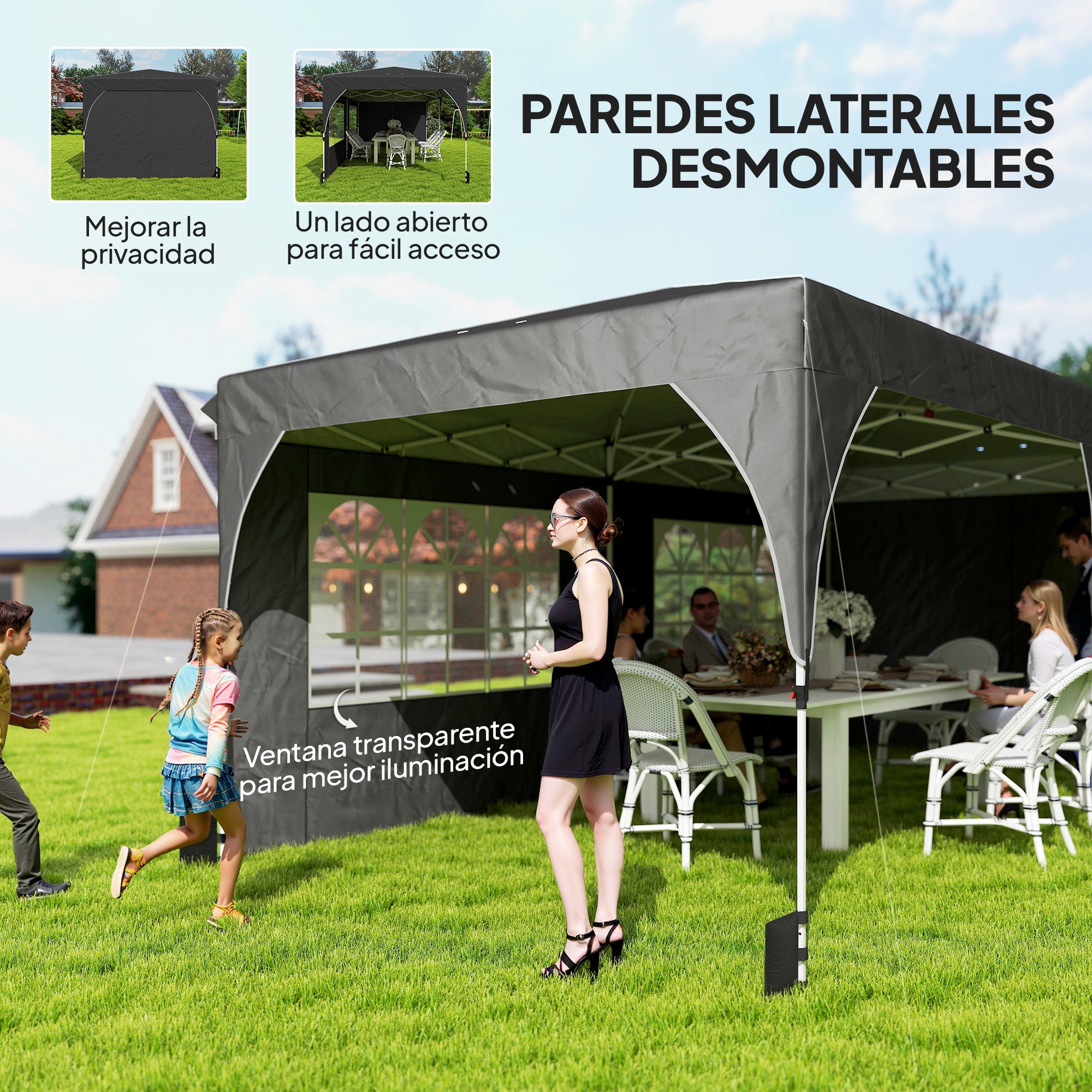 Outsunny Carpa Plegable 6x3 m, Pop-up, con 4 Laterales Extraíbles, Cenador de Jardín con Tiras Reflectantes, Altura Ajustable, Sistema Central de Bloqueo, UPF50+, Impermeable, Bolsa Transporte, Gris