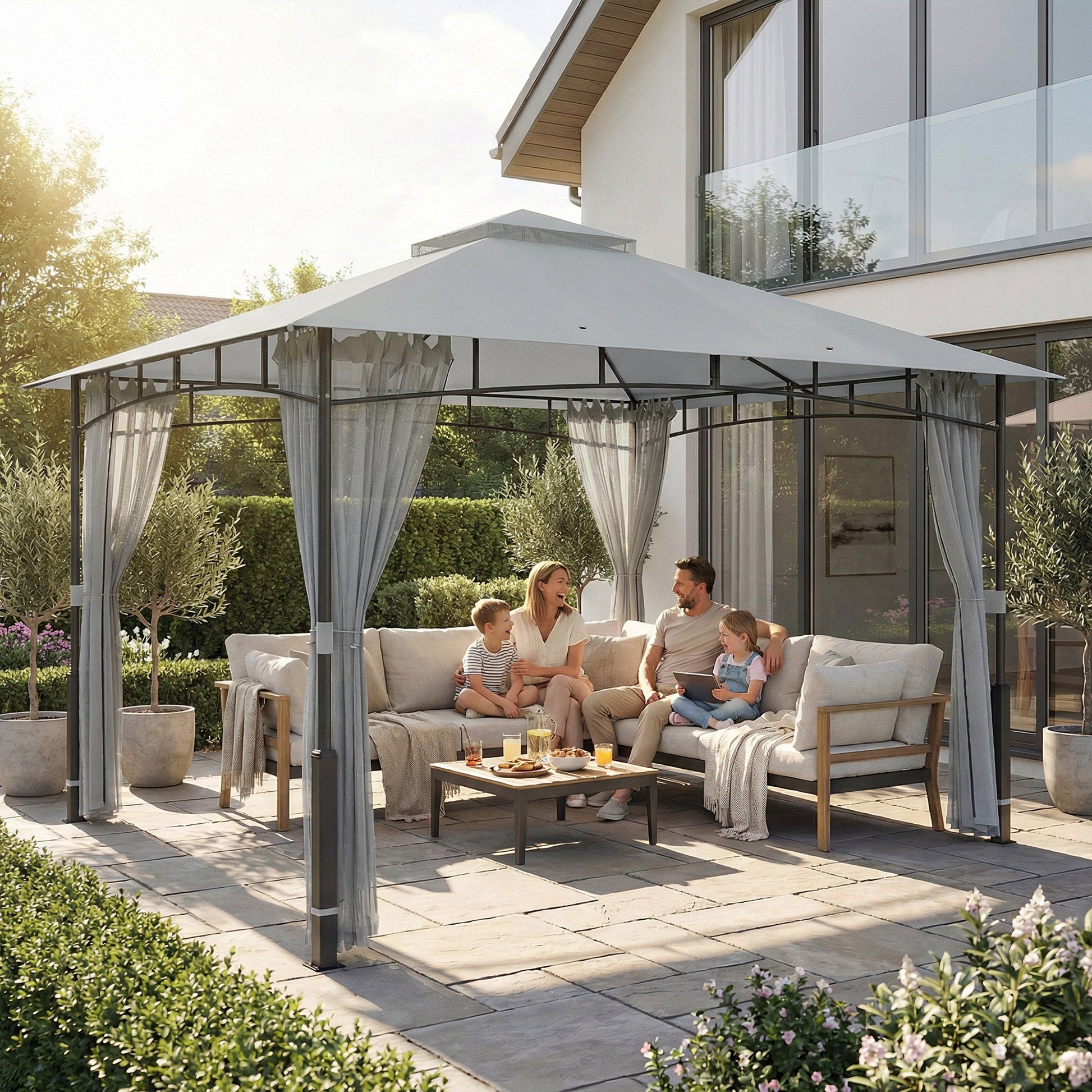 Outsunny Cenador para Jardín 3x3,6 m, Pabellón de Jardín Gazebo con Doble Techo, Paredes de Malla, UPF50+, Estructura de Metal, Carpa para Exterior, Terraza, Patio, Gris