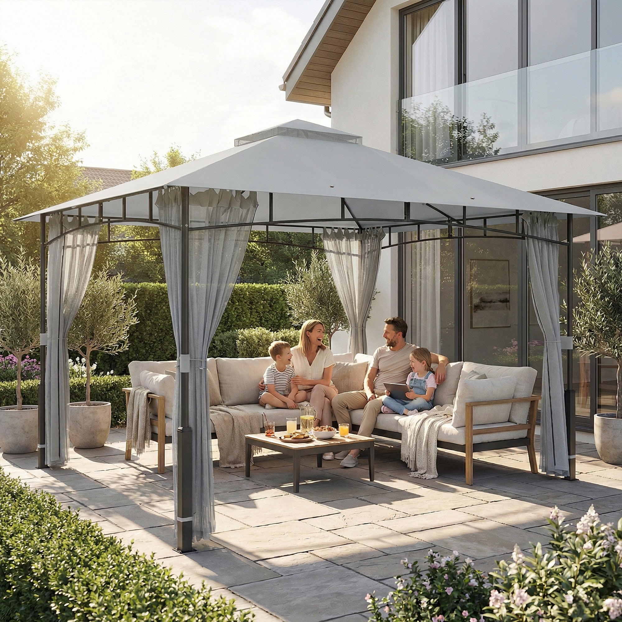 Outsunny Cenador para Jardín 3x3,6 m, Pabellón de Jardín Gazebo con Doble Techo, Paredes de Malla, UPF50+, Estructura de Metal, Carpa para Exterior, Terraza, Patio, Gris