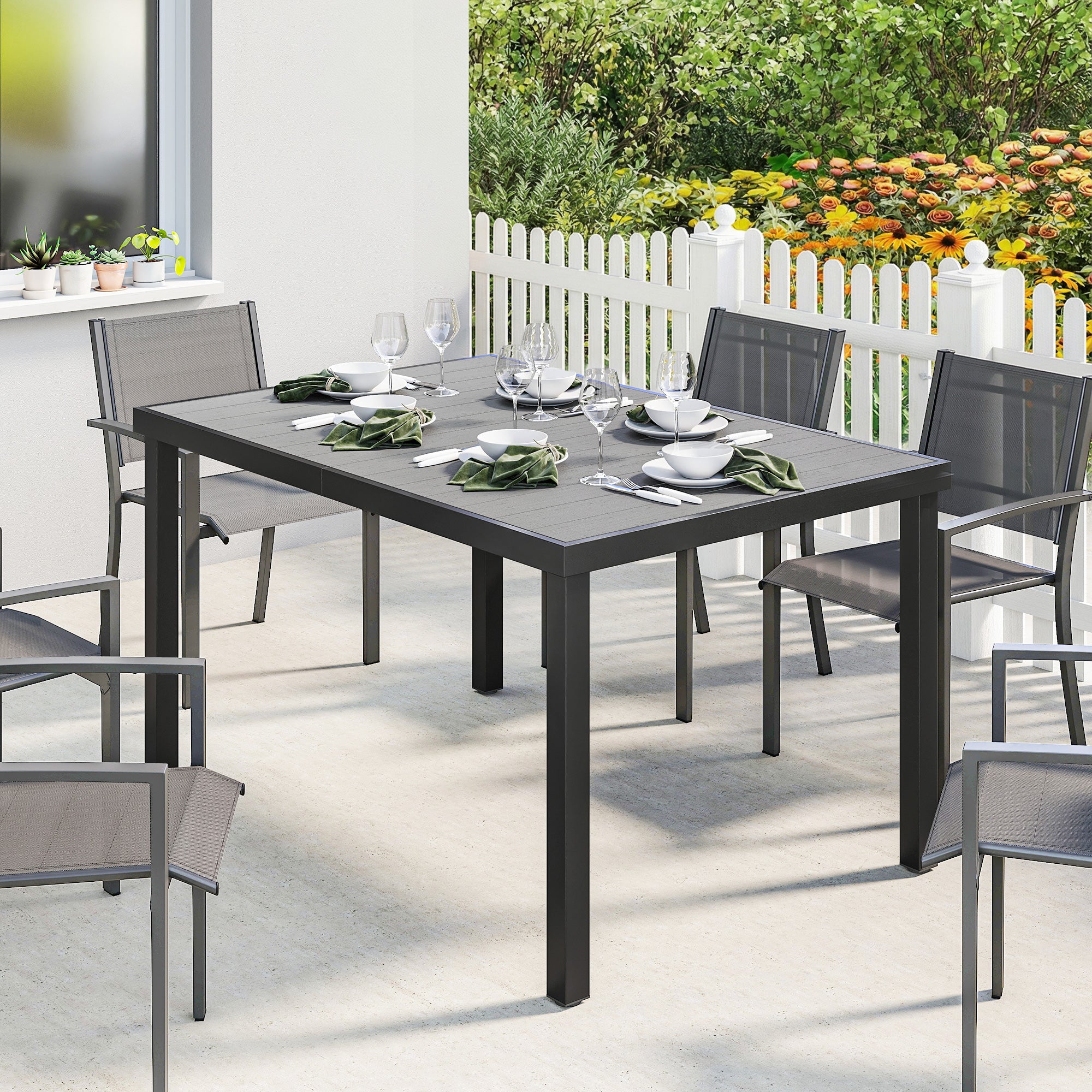 Outsunny Mesa de Comedor de Jardín Rectangular, Mesa de Terraza Exterior 140x90x74 cm, con Estructura de Acero y Encimera Desmontable de WPC de Listones, Carga 50 kg, para Patio, Balcón, Gris