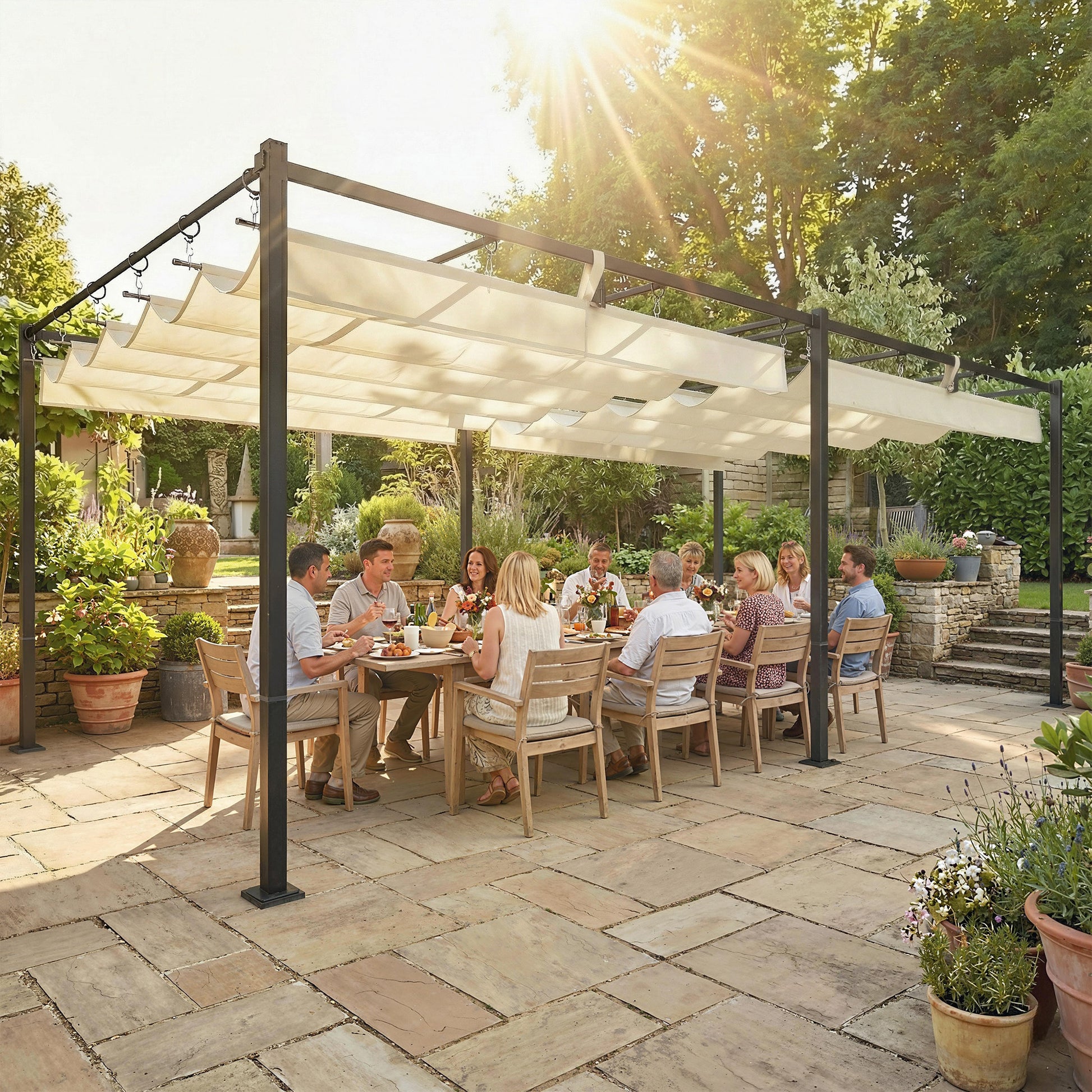 Outsunny Pérgola de Jardín 6x3 m con Techo Retráctil, Cenador de Jardín con Protección UPF50+, Drenaje, Estructura Metálica, Pabellón para Patio, Terraza, Exterior, Blanco Crema