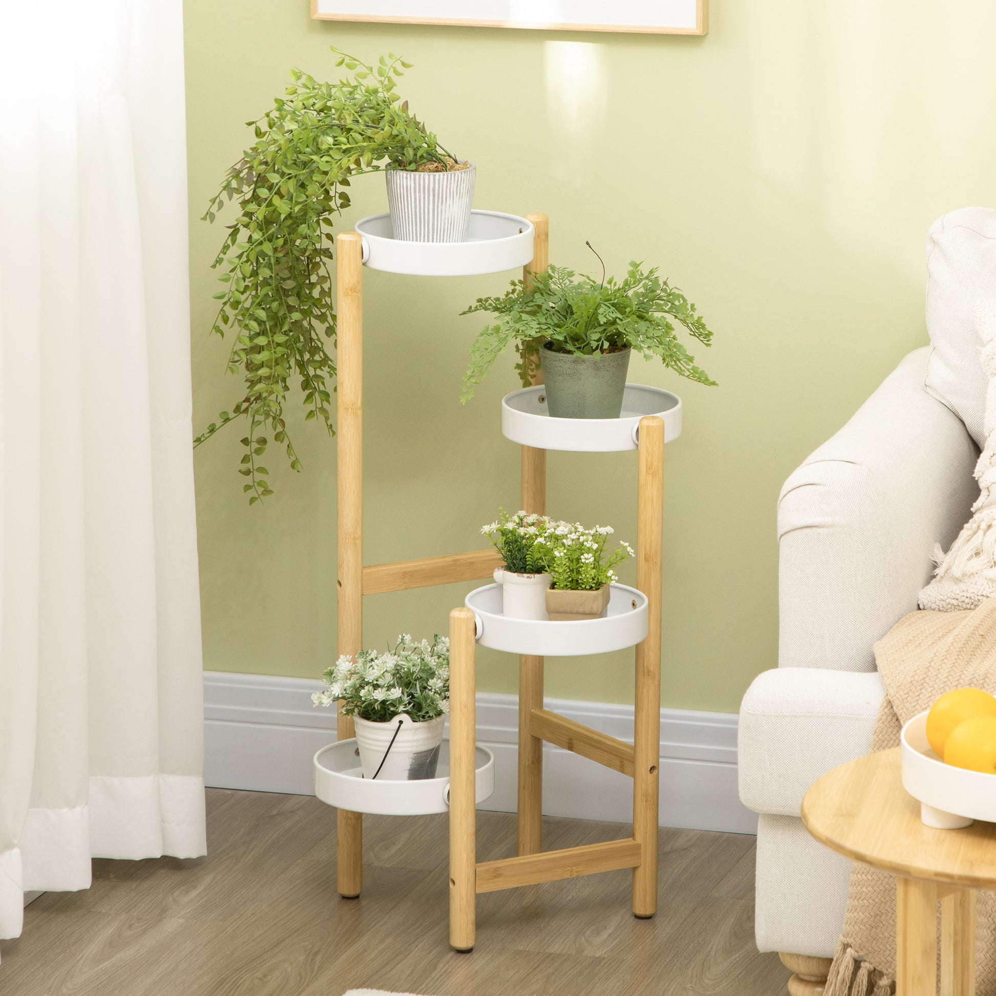 Outsunny Soporte para Plantas Estantería para Plantas con Pies de Bambú Estantería para Flores con 4 Estantes Redondos Carga 20 kg para Interior y Exterior Ø28x80 cm Natural y Blanco