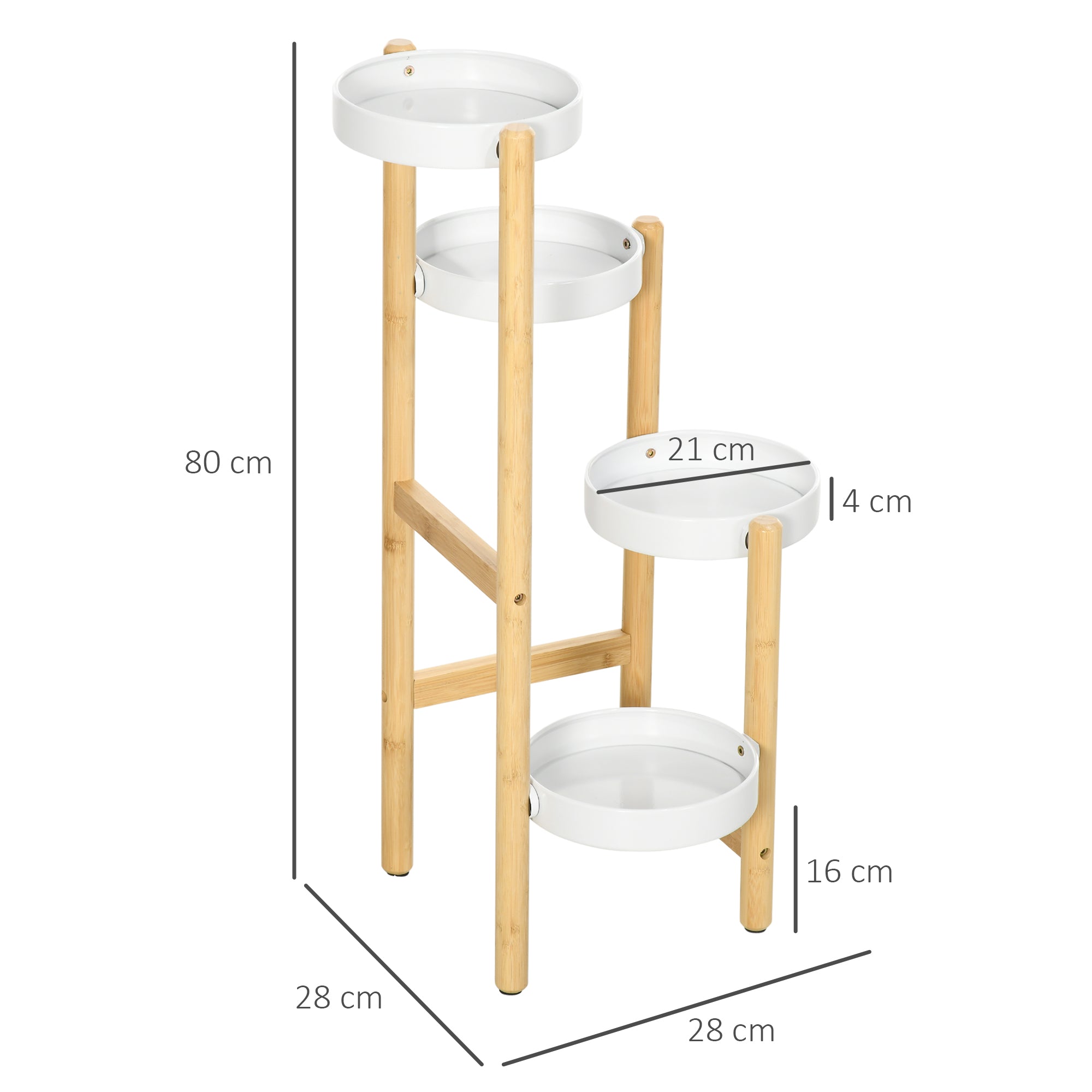 Outsunny Soporte para Plantas Estantería para Plantas con Pies de Bambú Estantería para Flores con 4 Estantes Redondos Carga 20 kg para Interior y Exterior Ø28x80 cm Natural y Blanco