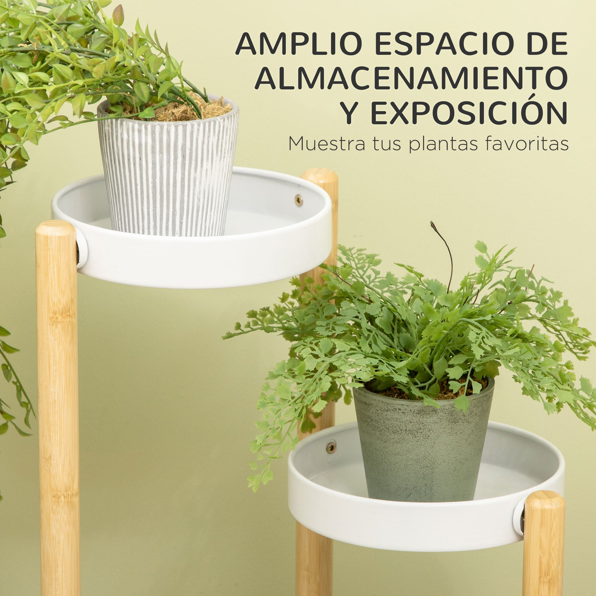 Outsunny Soporte para Plantas Estantería para Plantas con Pies de Bambú Estantería para Flores con 4 Estantes Redondos Carga 20 kg para Interior y Exterior Ø28x80 cm Natural y Blanco