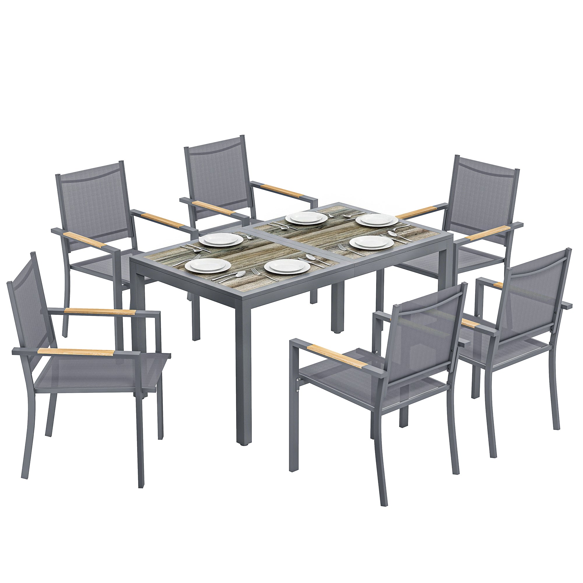 Outsunny Conjunto de Mesa y Sillas Jardín de 7 Piezas, Muebles Jardín Exterior con Mesa de Plástico PSPC, 6 Sillas Apilables Transpirables, Marco de Acero Resistente a la Intemperie, Gris Oscuro