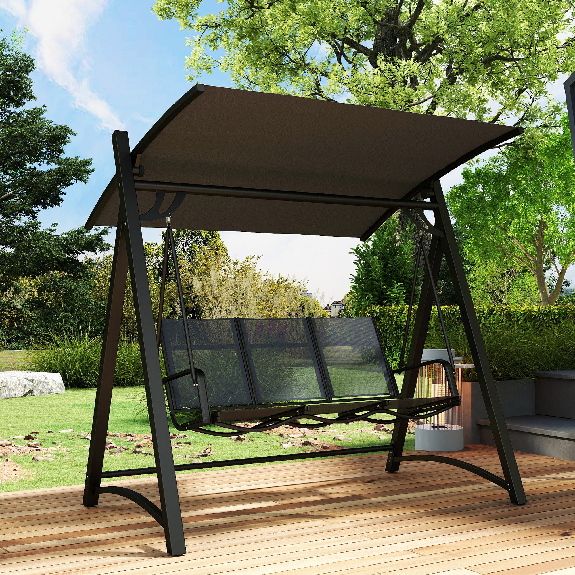 Outsunny Columpio de Jardín de 3 Plazas, Balancín de Jardín Exterior con Techo Ajustable, UPF50+, Asiento Transpirable y Marco de Metal, para Patio, Terraza, Carga 360 kg, 188x130x183 cm, Gris