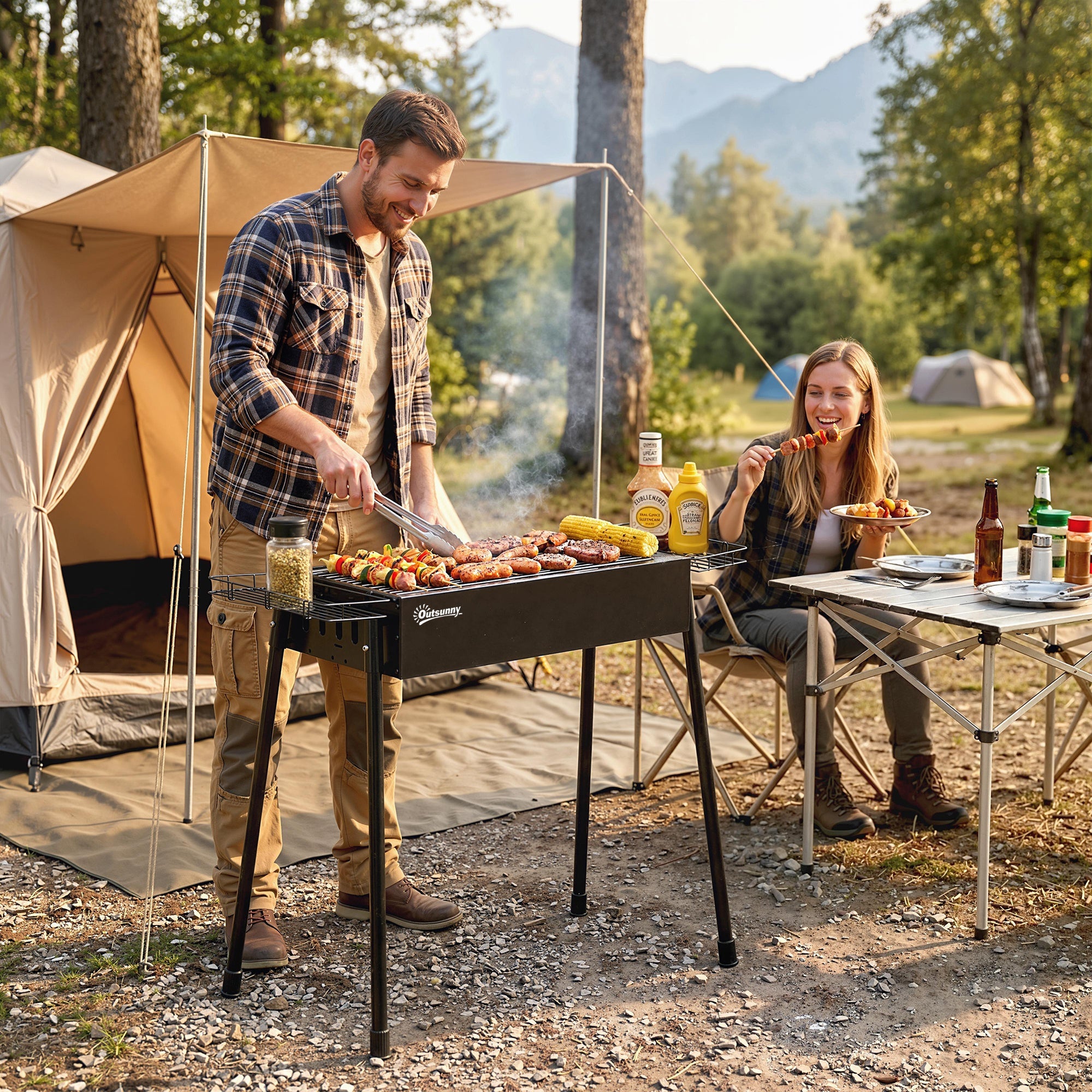 Outsunny Barbacoa de Carbón con 2 Parrillas de Acero Inoxidable Barbacoa Portátil con 2 Especieros para Acampar Picnic Camping Jardín 94x39x70 cm Negro