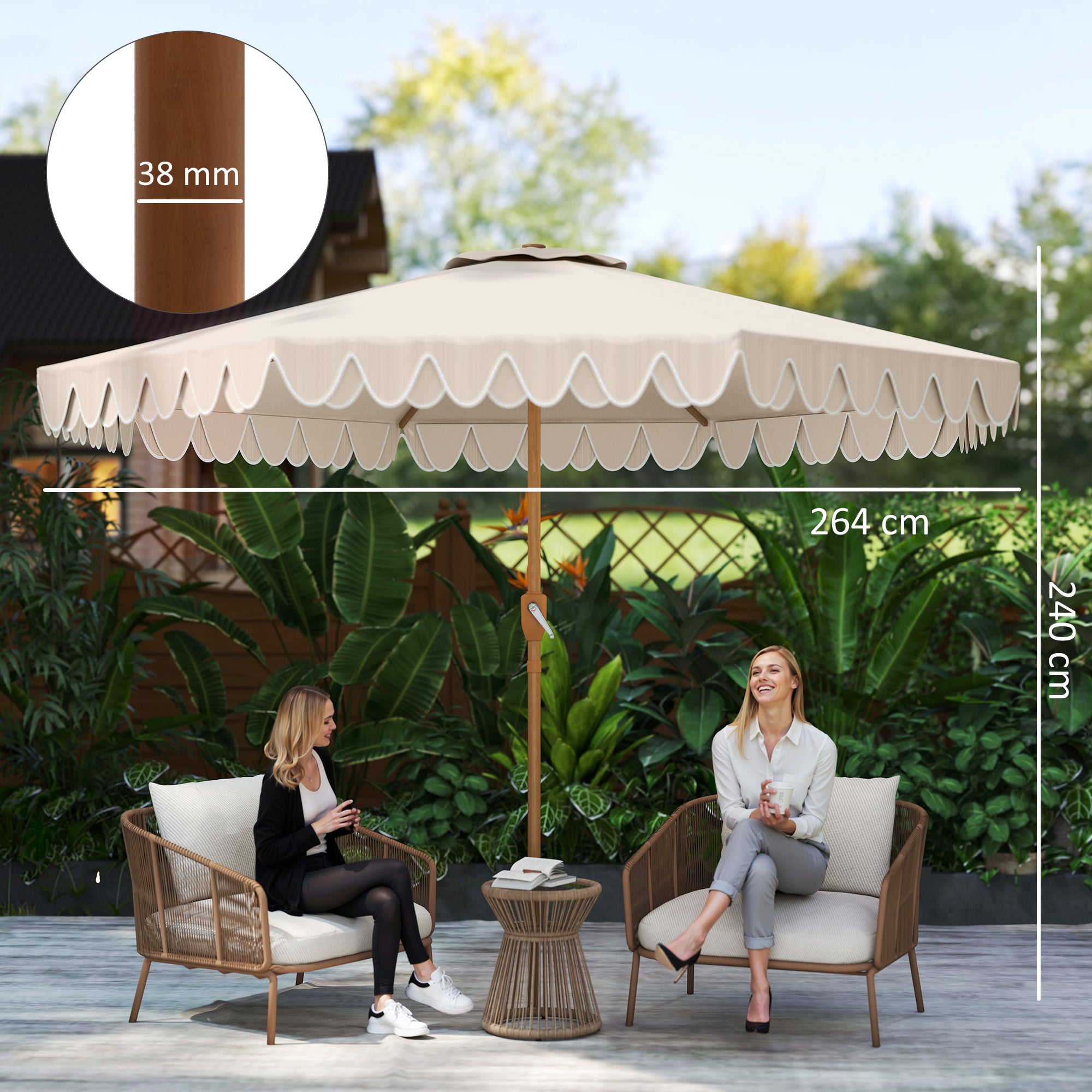 Outsunny Sombrilla Terraza Exterior, Ø264x240 cm, Sombrilla de Jardín con Ángulo Ajustable, Manivela y Volantes, Impermeable, Parasol para Playa, Patio, Balcón, Crema
