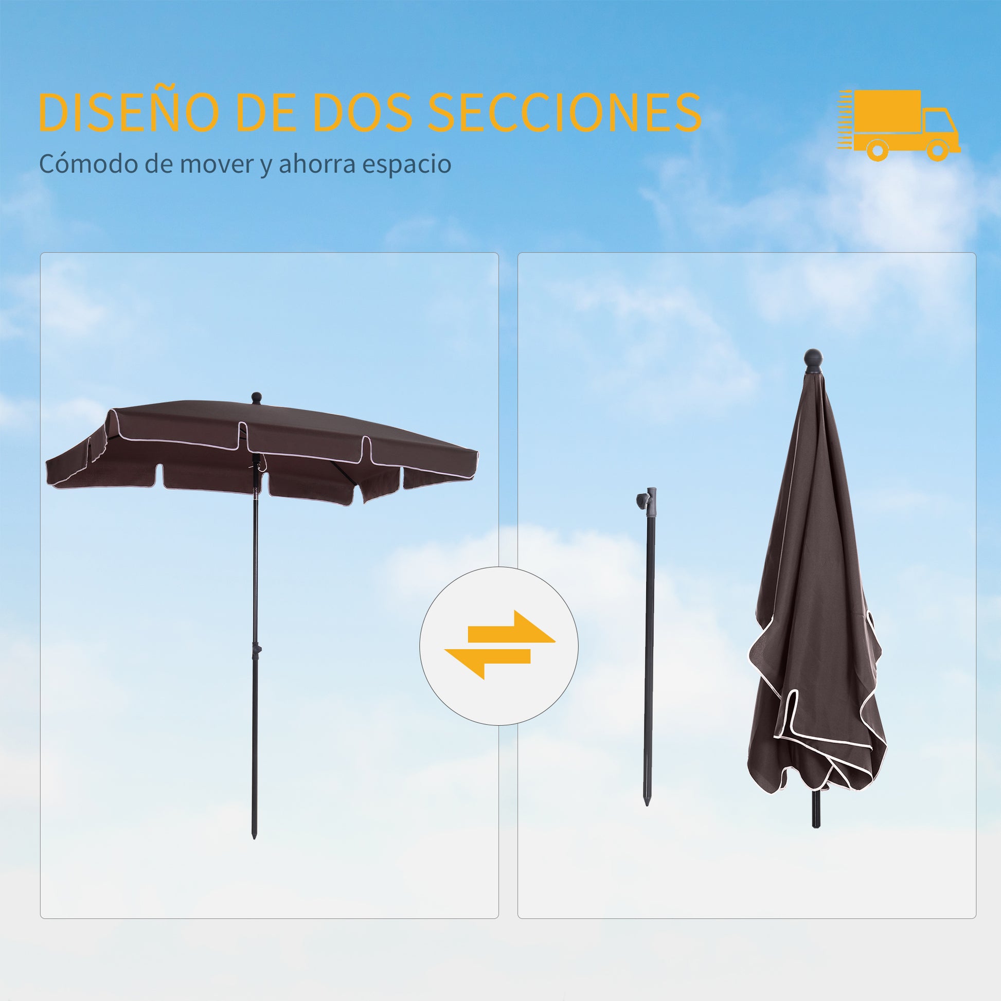 Outsunny Sombrilla de Jardín de Aluminio 198x130x245 cm Parasol de Jardín Rectangular con Función de Inclinación para Terraza Patio Exterior Café