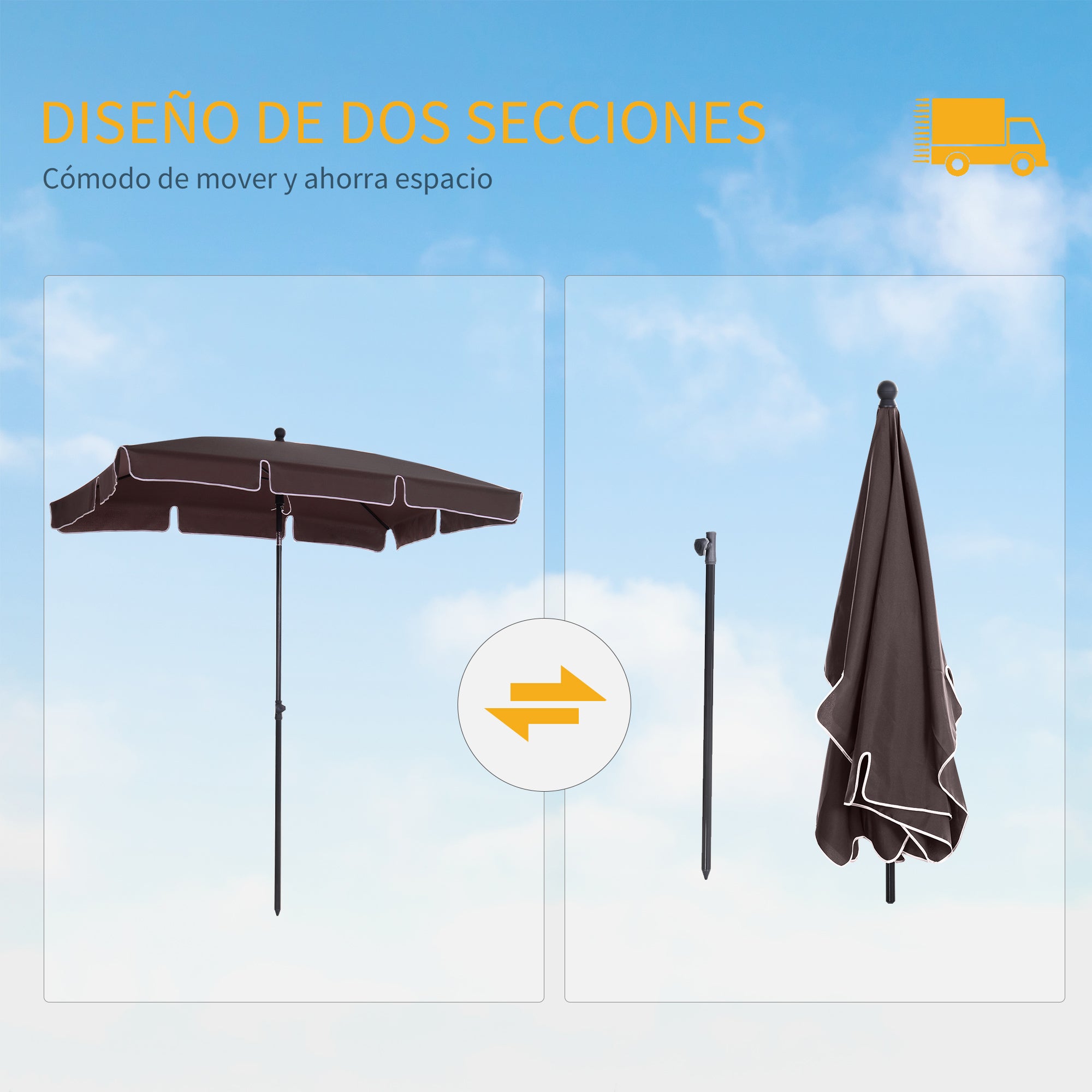 Outsunny Sombrilla de Jardín de Aluminio 198x130x245 cm Parasol de Jardín Rectangular con Función de Inclinación para Terraza Patio Exterior Café