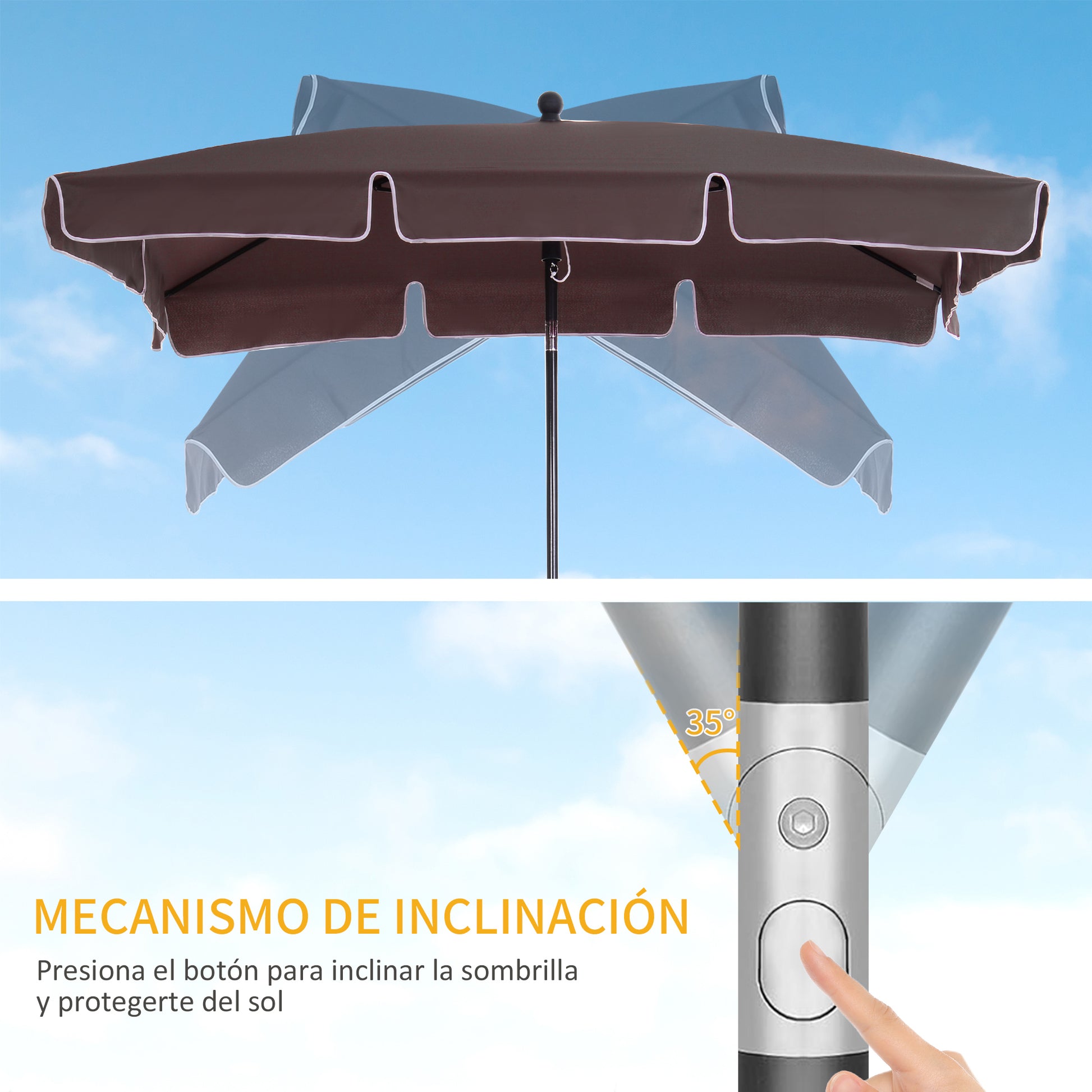 Outsunny Sombrilla de Jardín de Aluminio 198x130x245 cm Parasol de Jardín Rectangular con Función de Inclinación para Terraza Patio Exterior Café